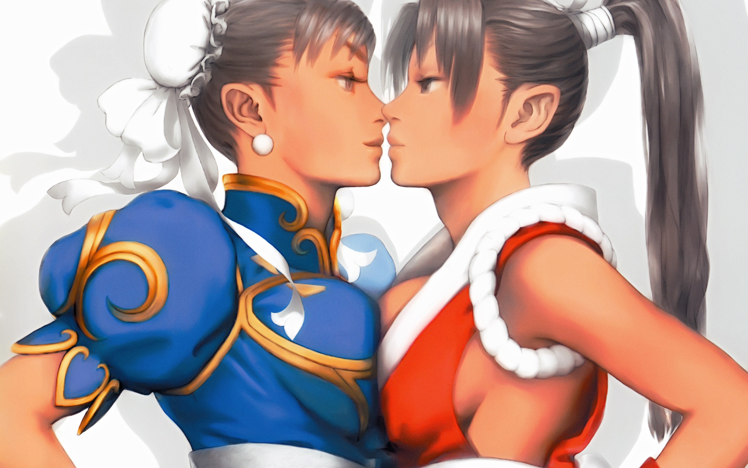 2d, 2girls, breast to breast, breasts, chun-li, color, crossover, death battle, face to face, fatal fury, female, female only, full color, fully clothed, human, king of fighters, mai shiranui, multiple females, multiple girls, non-nude, standing, staredown, street fighter, symmetrical docking, unknown artist