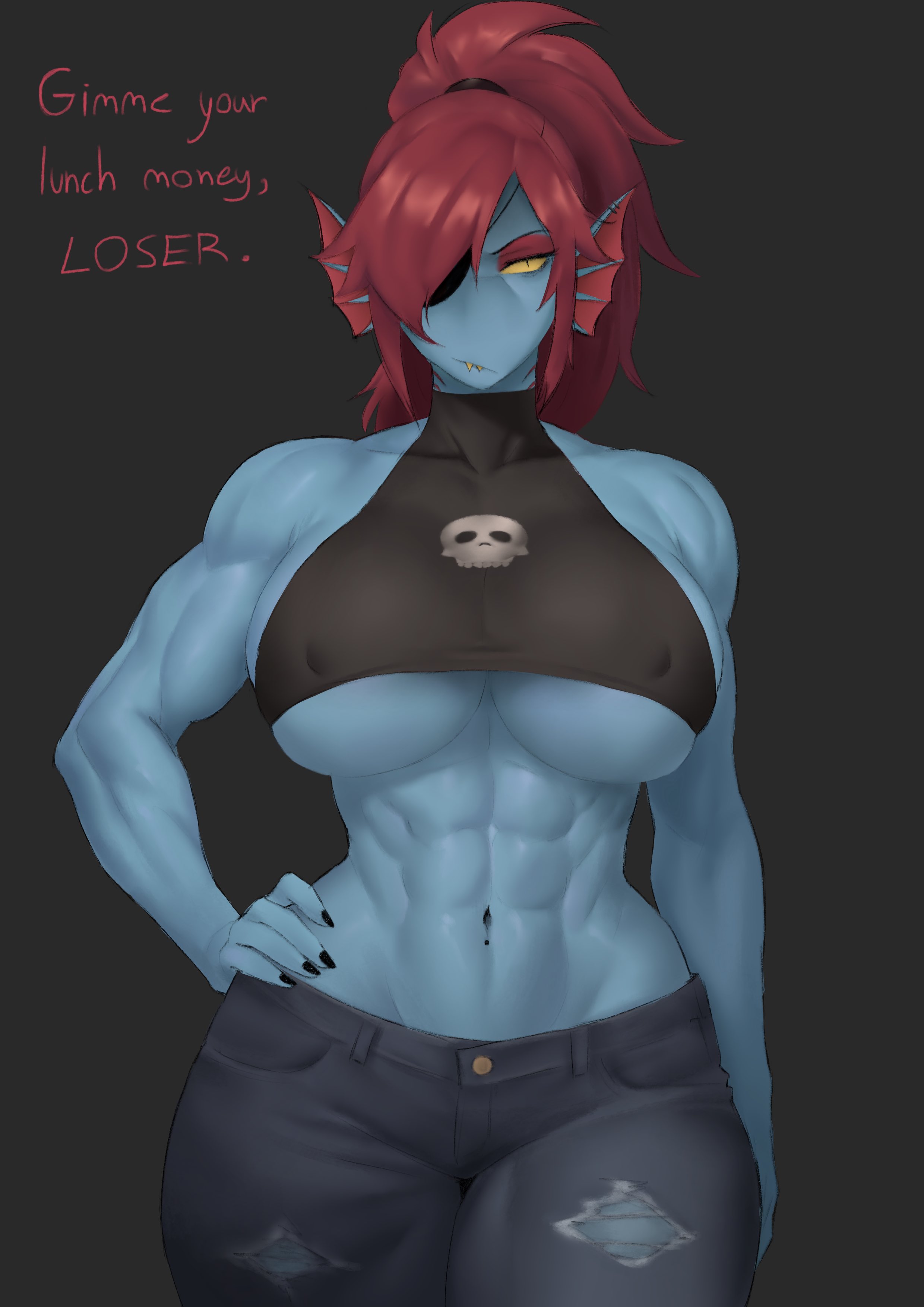 1girls, 2d, 2d (artwork), 2d artwork, abs, big breasts, black nails, blue skin, bullying, busty, child bearing hips, covered nipples, curvy, deltarune, erect nipples under clothes, eyepatch, fish, fish humanoid, hair over one eye, humanoid monster, jeans, large breasts, legs, long hair, looking at viewer, meruzis, midriff, muscular, muscular abs, muscular arms, muscular female, navel, nipples visible through clothing, ponytail, red hair, serious, serious face, simple background, text, thighs, undertale, undertale (series), undyne, voluptuous, yellow sclera
