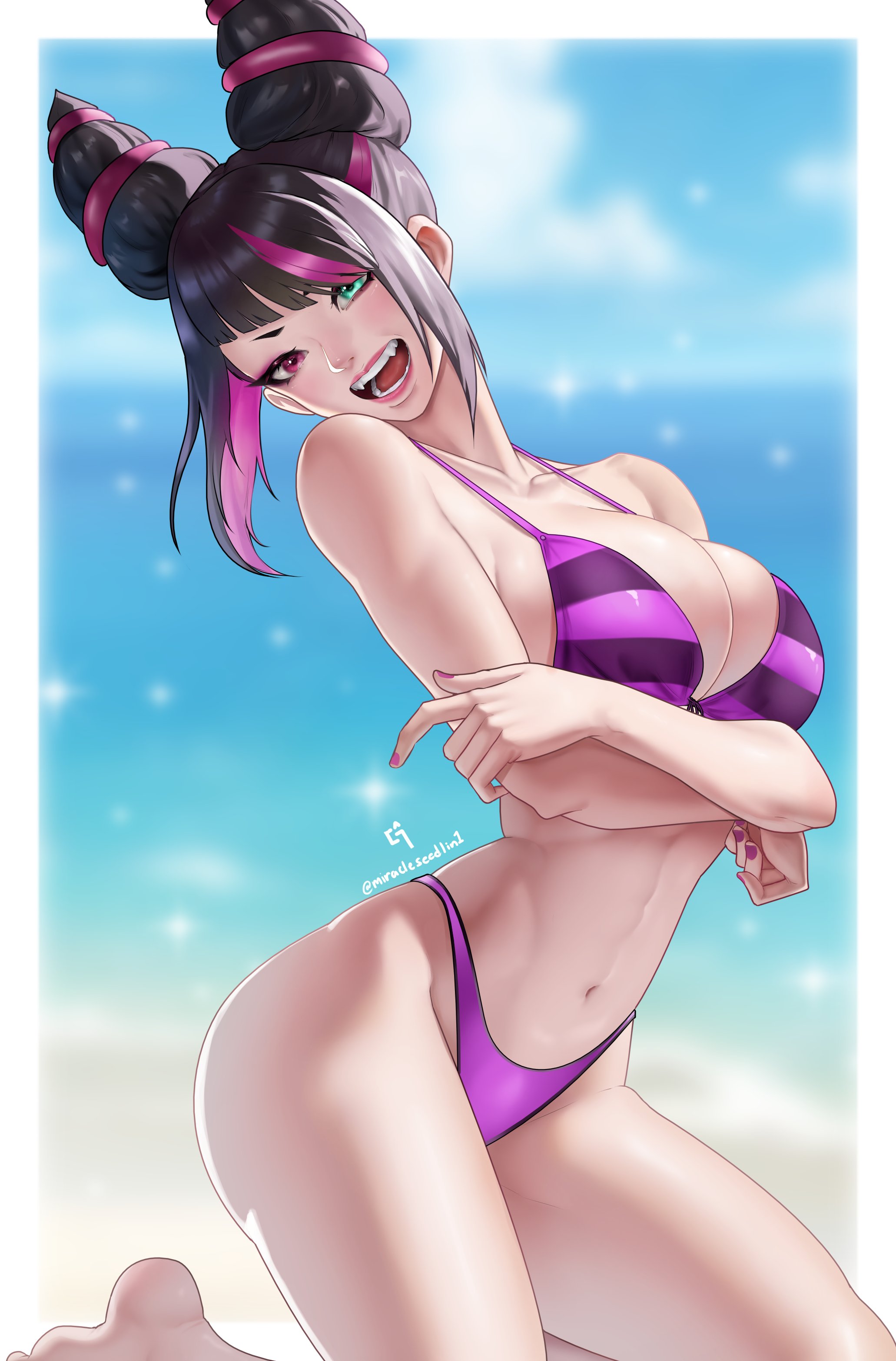 1girls, barefoot, beach, bikini, breasts, feet, juri han, miracleseedlin1, nail polish, smile, street fighter