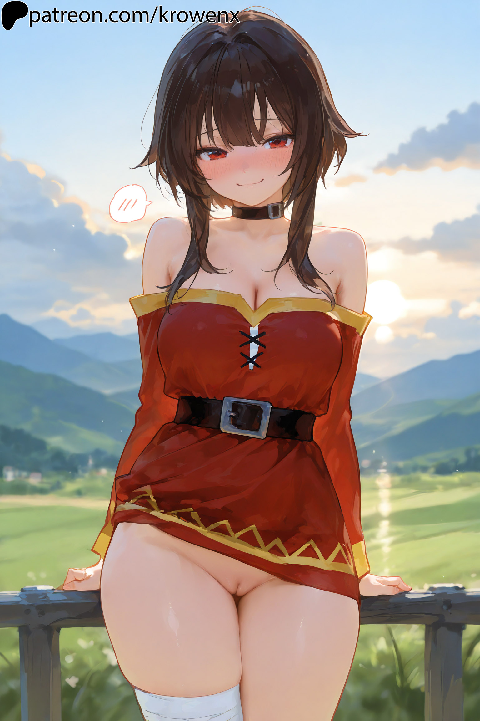 1girls, ai generated, belt, blush, breasts, brown hair, choker, closed mouth, dress, exposed pussy, female, female focus, female only, front view, kono subarashii sekai ni shukufuku wo!, krowenx, looking at viewer, megumin, no panties, outdoors, pussy, red eyes, sidelocks, smile, smiling at viewer, solo, solo female, solo focus, thick thighs, thighs, uncensored