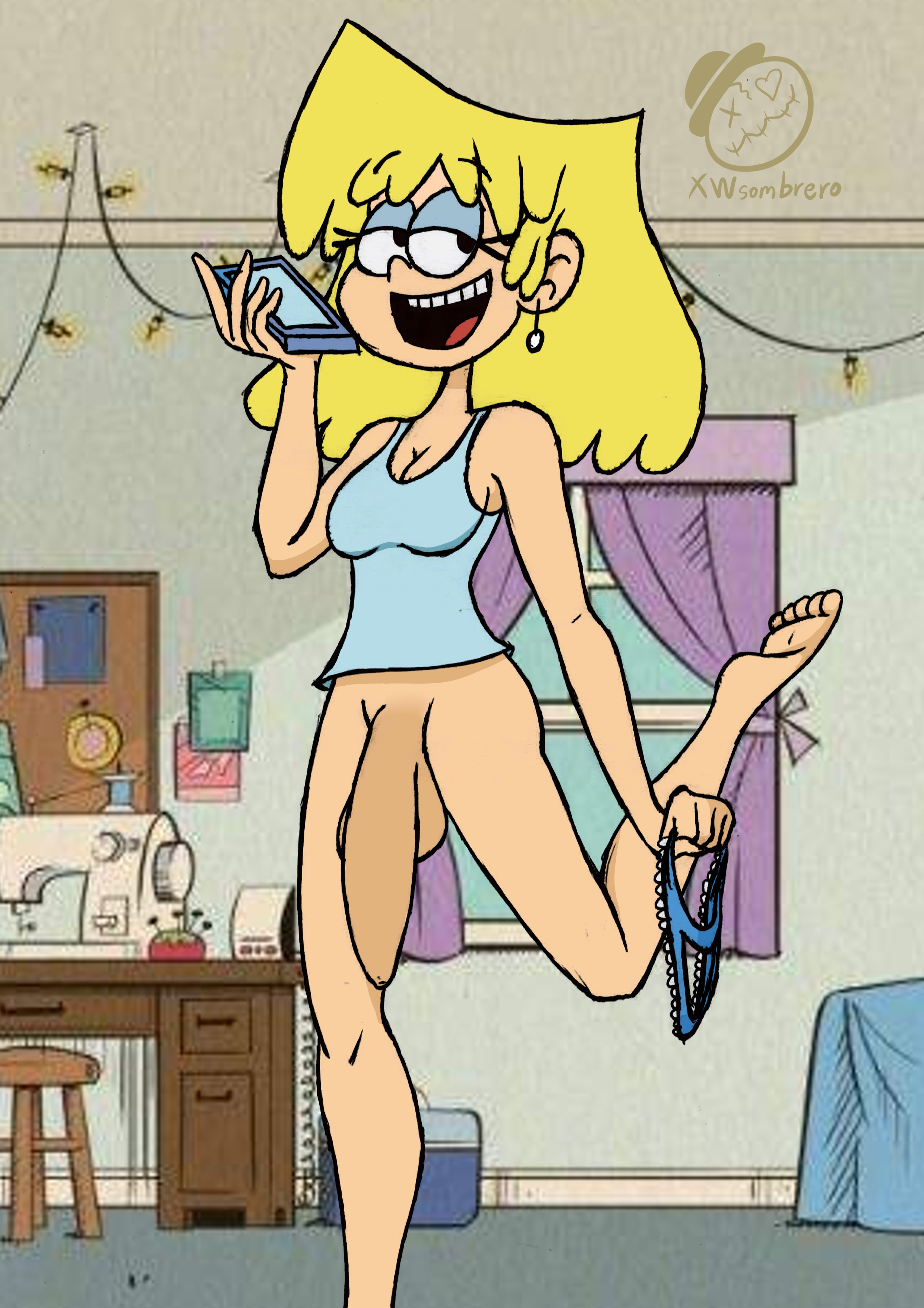 1futa, barefoot, bedroom, blonde hair, blue panties, blue tank top, bottomless, cellphone, earrings, exposed balls, exposed penis, flaccid, futa only, futanari, half-closed eyes, holding object, human, human only, indoors, large penis, light skin, lori loud, mammal, nickelodeon, open mouth, panties, panties aside, penis, smile, solo, solo focus, tank top, the loud house, xwsombrero