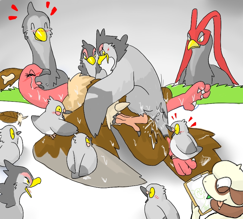 ambiguous_gender avian beak bird blush brown_feathers drawing female forced grey_feathers group interspecies kushina13 male mandibuzz messy nintendo notepad pidove pokemon rape simple_background smeargle tongue tongue_out tranquill unfezant video_games