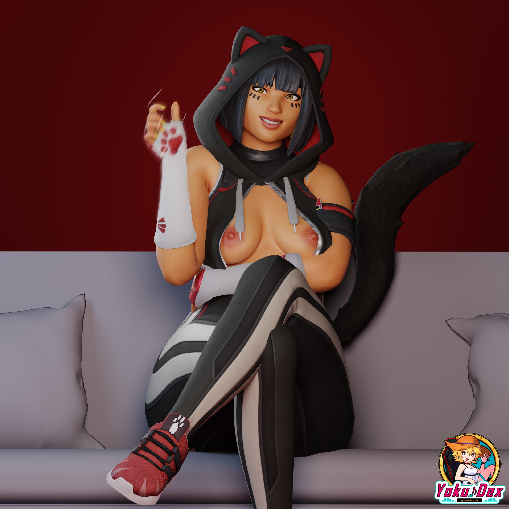 1girls, 3d, 3d (artwork), agata (fortnite), bob cut, breasts, breasts out, female, fortnite, handjob gesture, hoodie, jerkoff visual assistance, legs crossed, looking at viewer, sitting, sitting on chair, sitting on couch, smile, smiling, smiling at viewer, solo, solo female, streetwear, tail, x redeyes, yellow eyes, yokudex