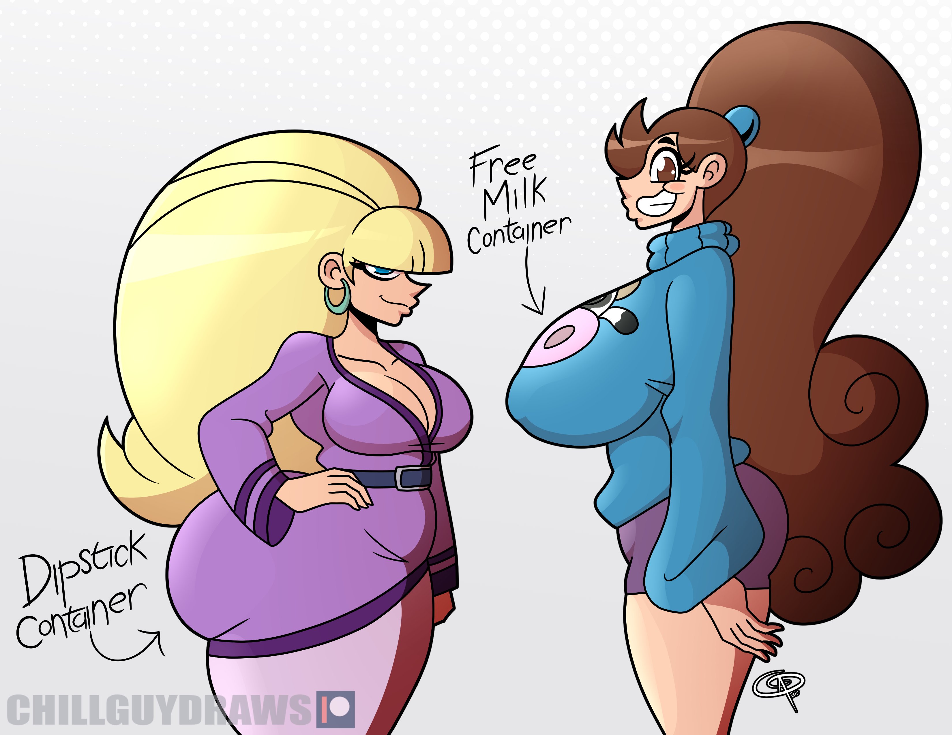 2girls, arrow pointing to ass, arrow pointing to breasts, arrow pointing to butt, ass, ass size difference, big ass, big breasts, big hair, blonde hair, blue clothing, blue hoodie, breast size difference, breasts, brown hair, clothes, clothing, disney, evil container, female, female only, frostbiteboi, gravity falls, gritted teeth, hand on hip, huge ass, huge breasts, human, light skin, light-skinned female, long sleeves, loose clothing, loose sleeves, mabel pines, milk container, pacifica northwest, patreon logo, purple dress, retro hairstyle, side view, text, thicc-verse, toony, watermark