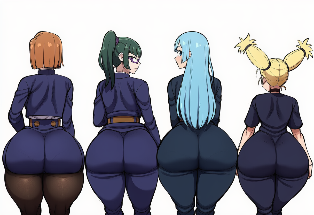 4girls, ai generated, alternate ass size, ass chart, female, female only, jujutsu kaisen, kasumi miwa, kugisaki nobara, multiple girls, nishimiya momo, nobara kugisaki, zenin maki