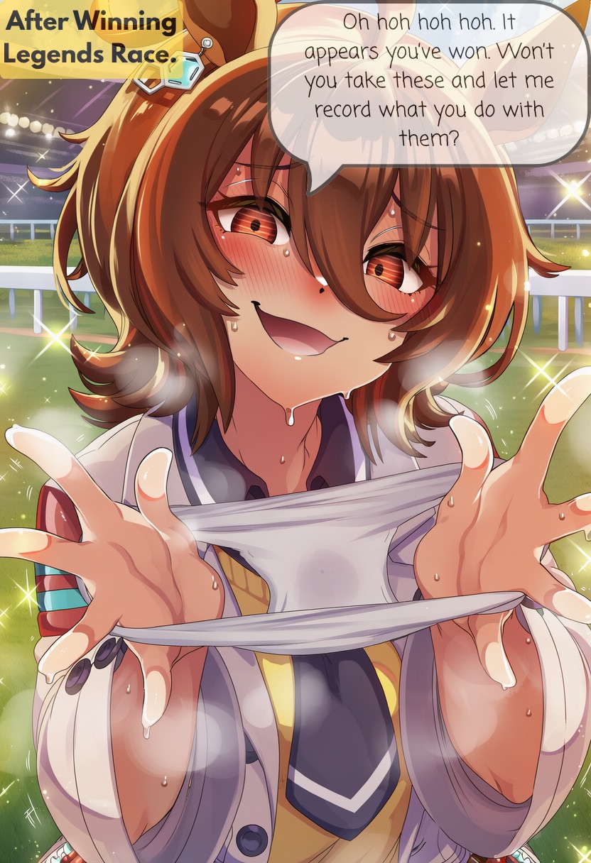 1girl, agnes tachyon (umamusume), ai generated, animal ears, blush, brown hair, english text, grass, heavy blush, holding panties, horse ears, horse girl, lab coat, looking at viewer, messy hair, naticai, open mouth, outdoors, panties, presenting panties, racetrack, red eyes, short hair, smile, solo, speech bubble, sweat, sweatdrop, umamusume, umamusume pretty derby, white panties