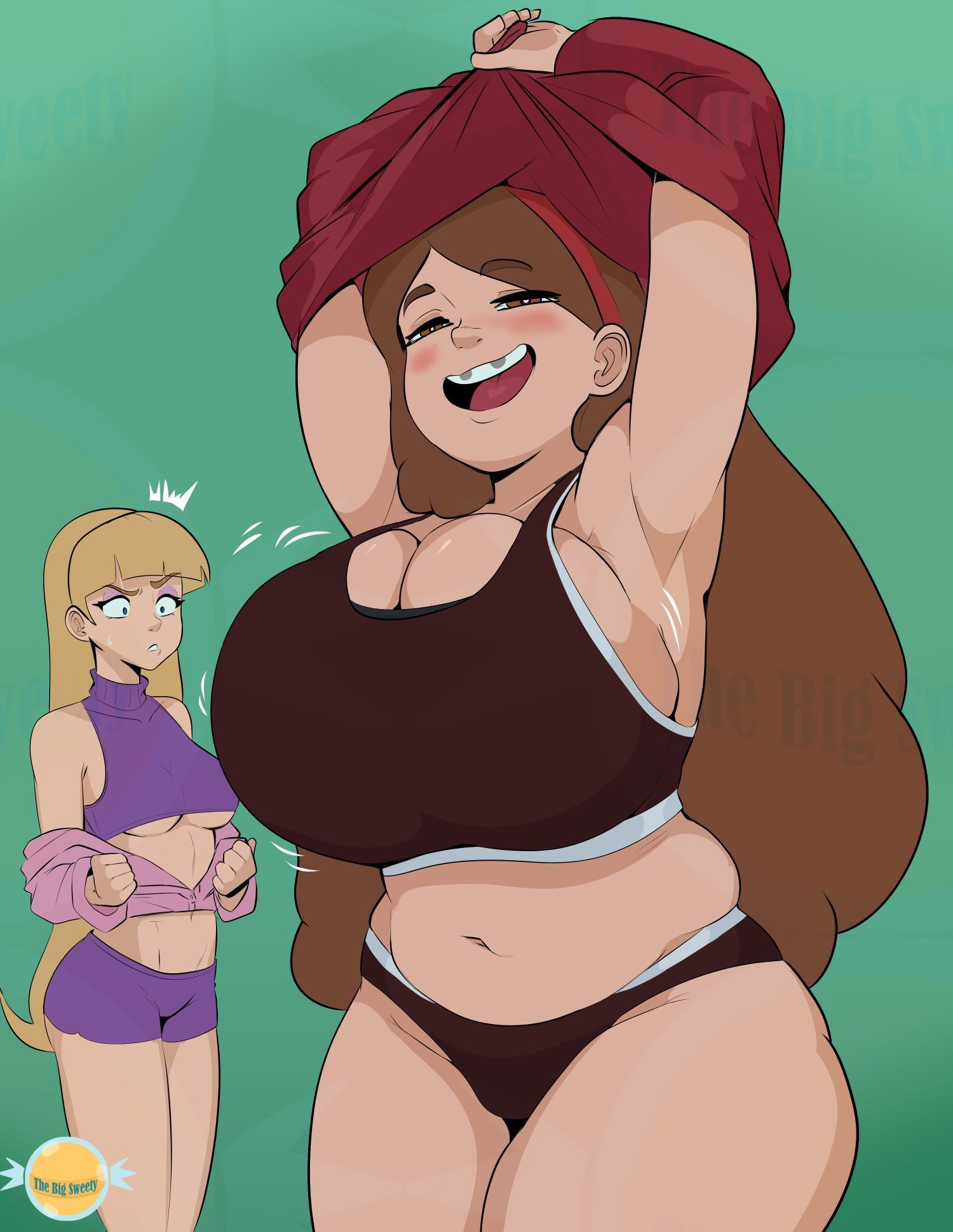 2girls, aged up, archway of venus, armpits, ass, ass length hair, ass size difference, belly, belly button, big breasts, blonde hair, blush, braces, breast size difference, breasts, breasts bigger than head, brown hair, bursting breasts, butt, butt size difference, chubby, chubby female, cleavage, cleft of venus, clothes, clothes lift, gravity falls, huge breasts, human, large breasts, mabel pines, makeup, muffin top, navel, pacifica northwest, removing clothing, sideboob, simple background, sweatdrop, sweater, thebigsweety, thick thighs, underboob, wide hips, wide thighs, wobble, wobbling, wobbling breasts, workout clothes