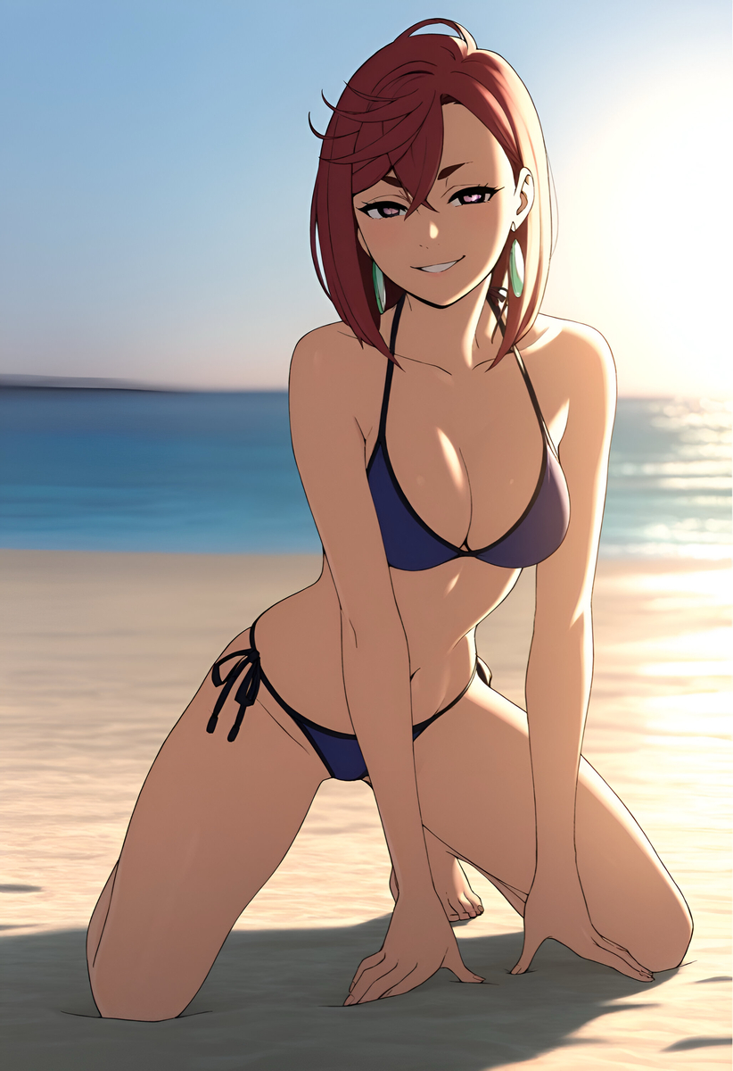 1girls, ai generated, ayase momo, bikini, blue bikini, brown hair, clothed, clothed female, dandadan, duderu vanilla, female, female only, kneeling, solo, swimsuit