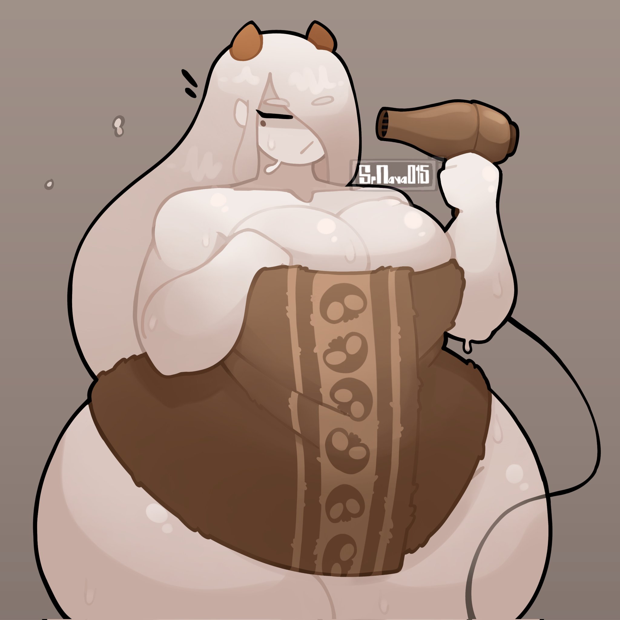 after shower, artist logo, artist signature, big ass, big breasts, big thighs, chubby, closed eyes, hair dryer, holding hair dryer, holding object, holding towel, horn, horns, huge ass, huge breasts, huge thighs, kay (srnava), massive thighs, open mouth, post shower, skull pattern, srnava, tagme, thick thighs, towel, towel only, towel wrap, white body, white hair, white shirt, wide hips, wide thighs