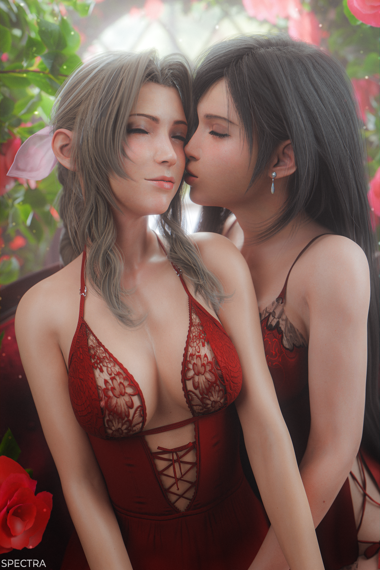 2girls, 3d, aerith gainsborough, black hair, blender, blender (software), breasts, brown hair, dress, earrings, female, final fantasy, final fantasy vii, final fantasy vii rebirth, final fantasy vii remake, kiss on cheek, kissing, lesbian kiss, lingerie, outdoors, red lingerie, spectra3d, tifa lockhart, valentine's day, yuri
