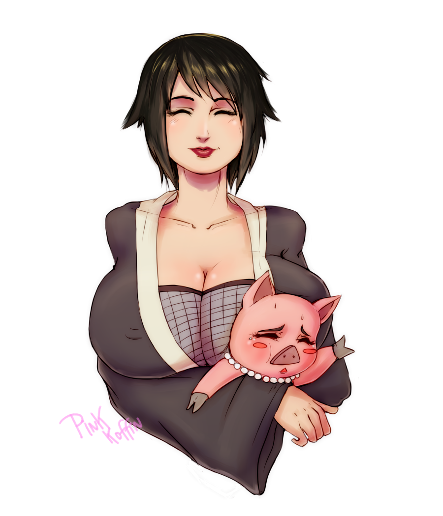 big_breasts black_hair cleavage closed_eyes clothed clothing female female_only large_breasts lipstick naruto nipples_visible_through_clothing pig pinkkoffin shizune short_hair smile solo solo_female solo_focus tonton white_background