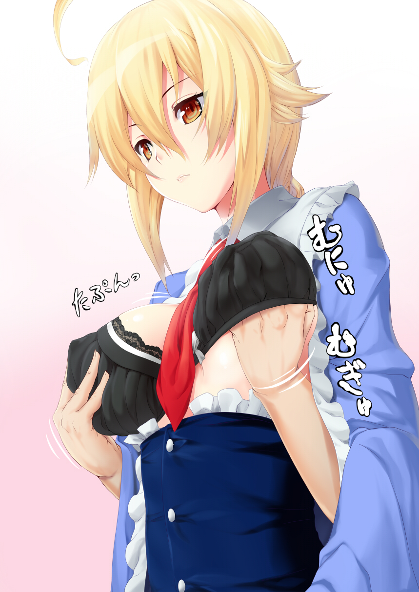 ahoge blazblue blonde_hair breast_grab breasts es_(xblaze) female groping hand_under_clothes hands_under_clothes highres inside_clothes odaodaoaoda xblaze