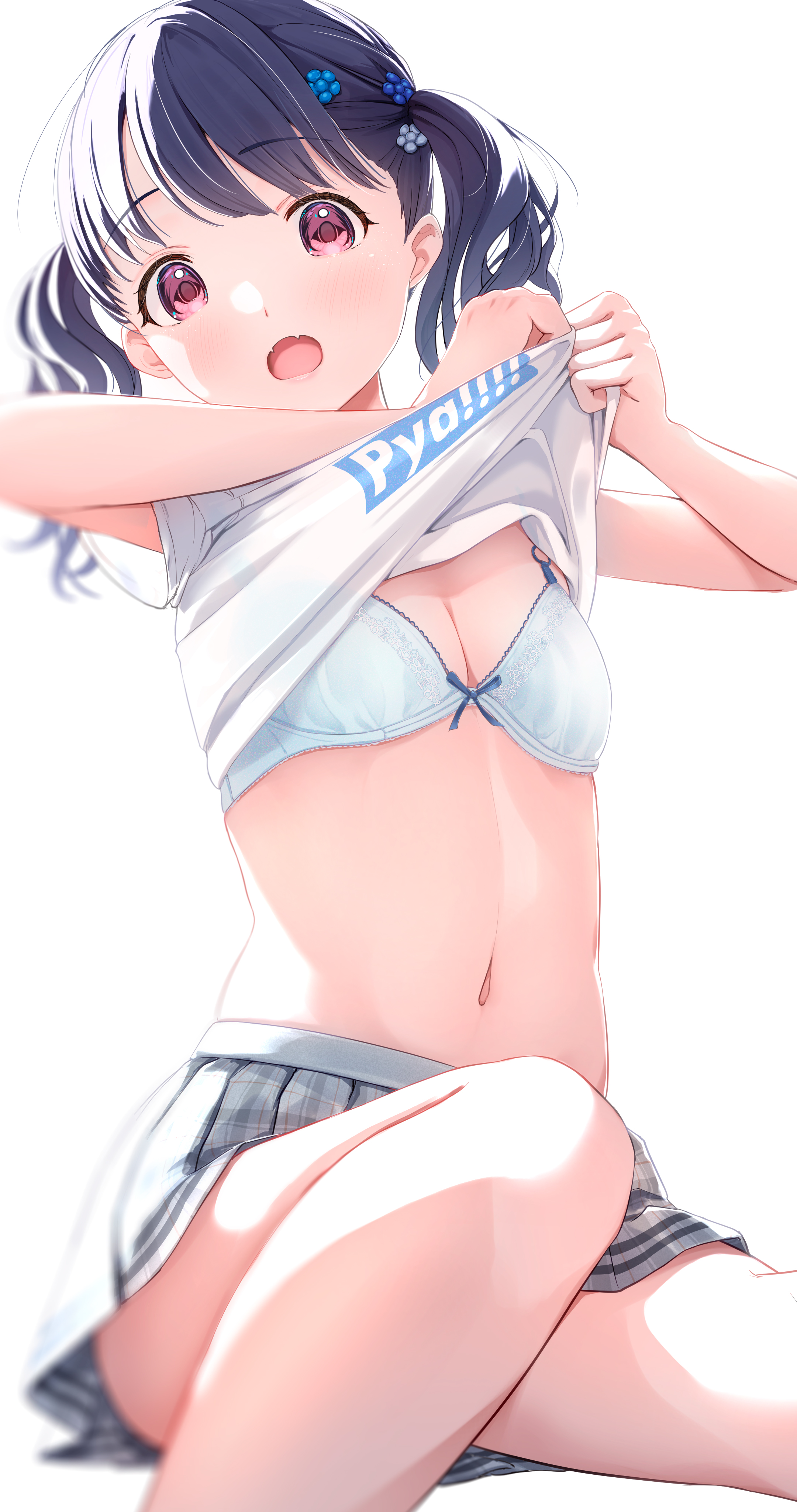 1girls, absurdres, bad id, bad pixiv id, blue bra, blue hair, blush, bow, bow bra, bra, breasts, cleavage, clothes lift, commentary request, dark blue hair, embroidered bra, fangs, female, fujinomiya rio, fukumaru koito, grey skirt, highres, idolmaster, idolmaster shiny colors, lifting own clothes, looking at viewer, navel, partial commentary, plaid clothes, plaid skirt, pleated skirt, red eyes, shirt lift, short sleeves, simple background, skin fangs, skirt, small breasts, solo, twintails, underwear, white background