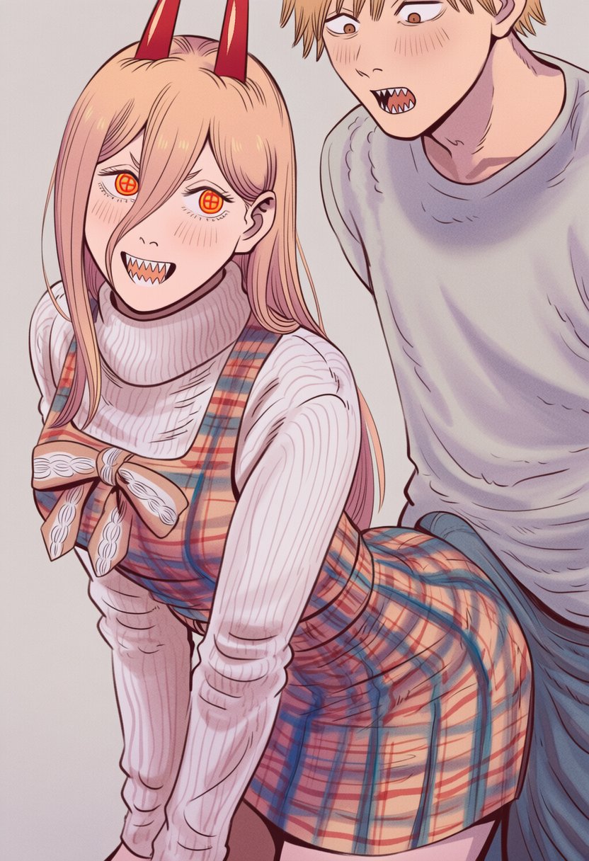 ^^^, 1boy1girl, ai generated, ass, assjob, brown eyes, bulge, bulge through clothing, buttjob, chainsaw man, clothed, clothing, denji (chainsaw man), erection, erection under clothes, female, grey background, horns, j animesuki, looking down, male, male/female, mappa, orange eyes, power (chainsaw man), sharp teeth, simple background