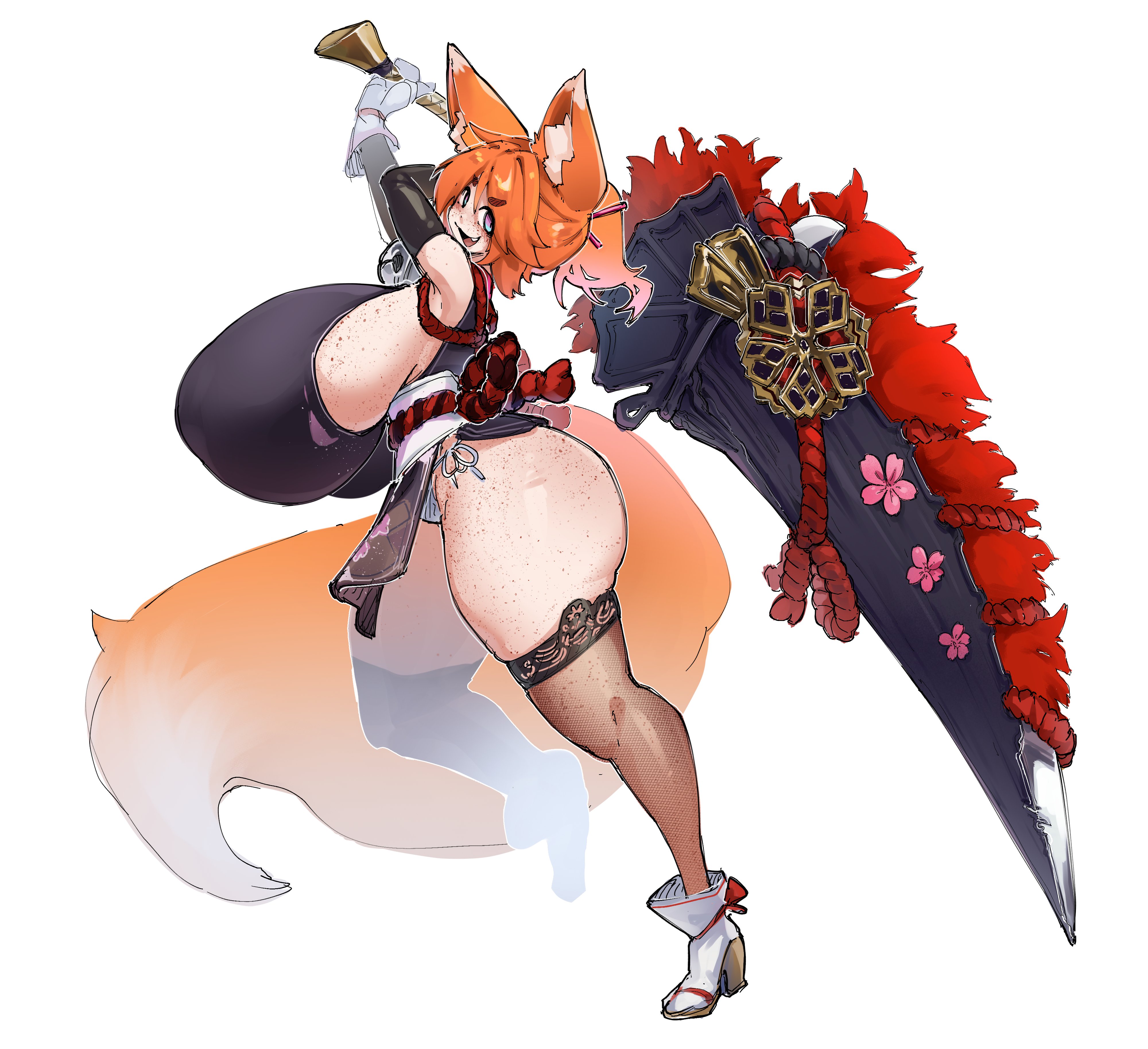 1girls, animal ear fluff, animal ears, animal tail, ass, black legwear, breasts, crr001, curvy, female, freckles, gigantic breasts, huge ass, huge breasts, huge weapon, japanese clothes, mochi (mochifoxxo), orange hair, ponytail, rr001c, smile, tagme, thick thighs, weapon