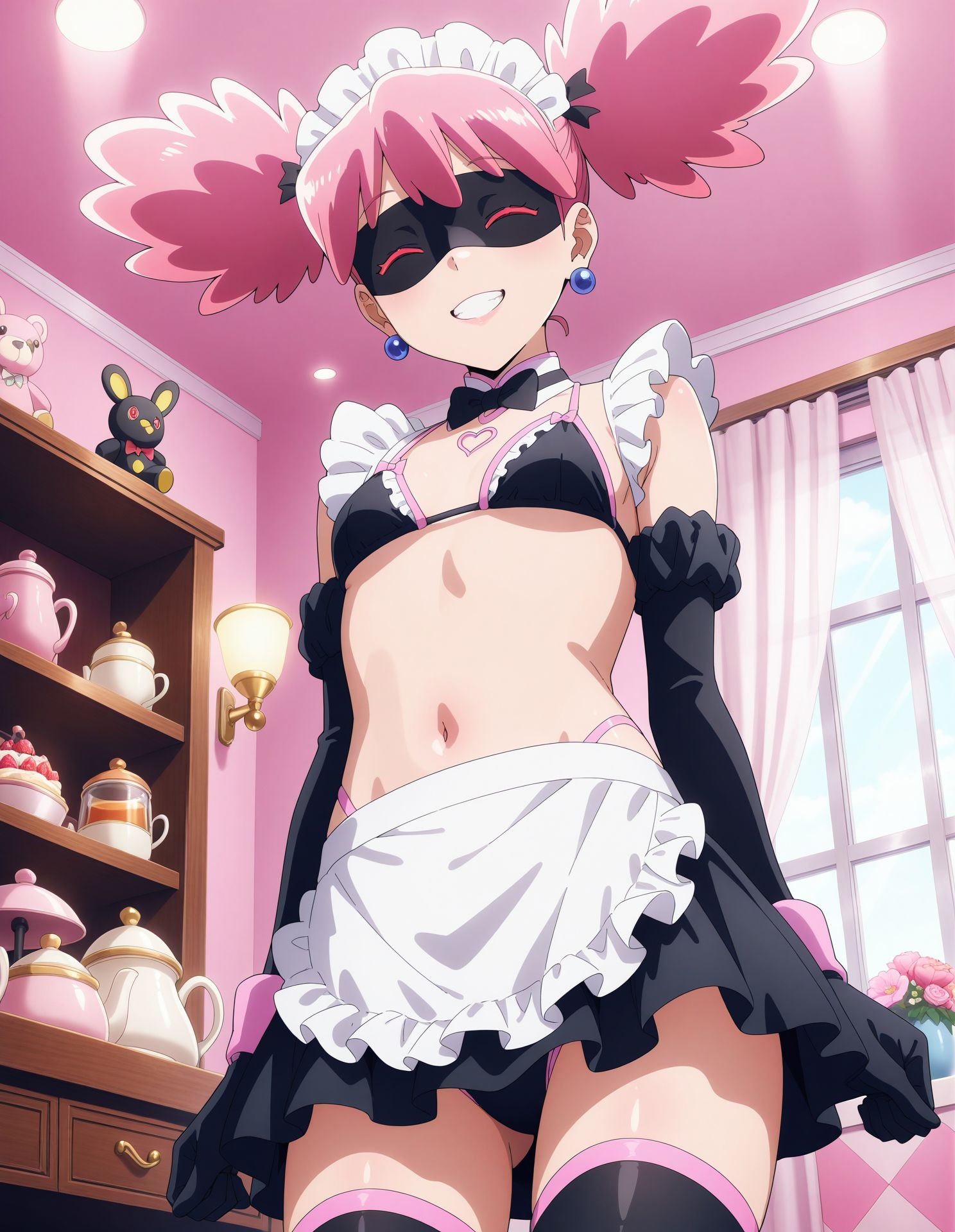 1girls, ai generated, boku no hero academia, female, female only, haneyama kazuho, hero outfit, hkdpickles, light skin, light-skinned female, looking back, lying, lying on stomach, maid headdress, maid outfit, maid uniform, mask, my hero academia, nude, nude female, pale skin, pale-skinned female, pink hair, pop step, presenting, presenting hindquarters, thick thighs, thighs, twintails, vigilante: my hero academia illegals, wide hips, wide thighs
