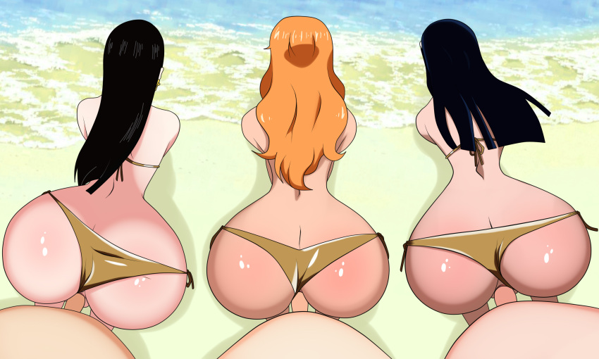 3boys, 3girls, ass, beach, big ass, black hair, black-haired female, boa hancock, bubble butt, cristalmanor, doggy style, female, from behind, group sex, huge ass, large ass, long hair, male, nami (one piece), nico robin, one piece, orange hair, orange-haired female, orgy, panties, sex, shiny skin, trio, wide hips