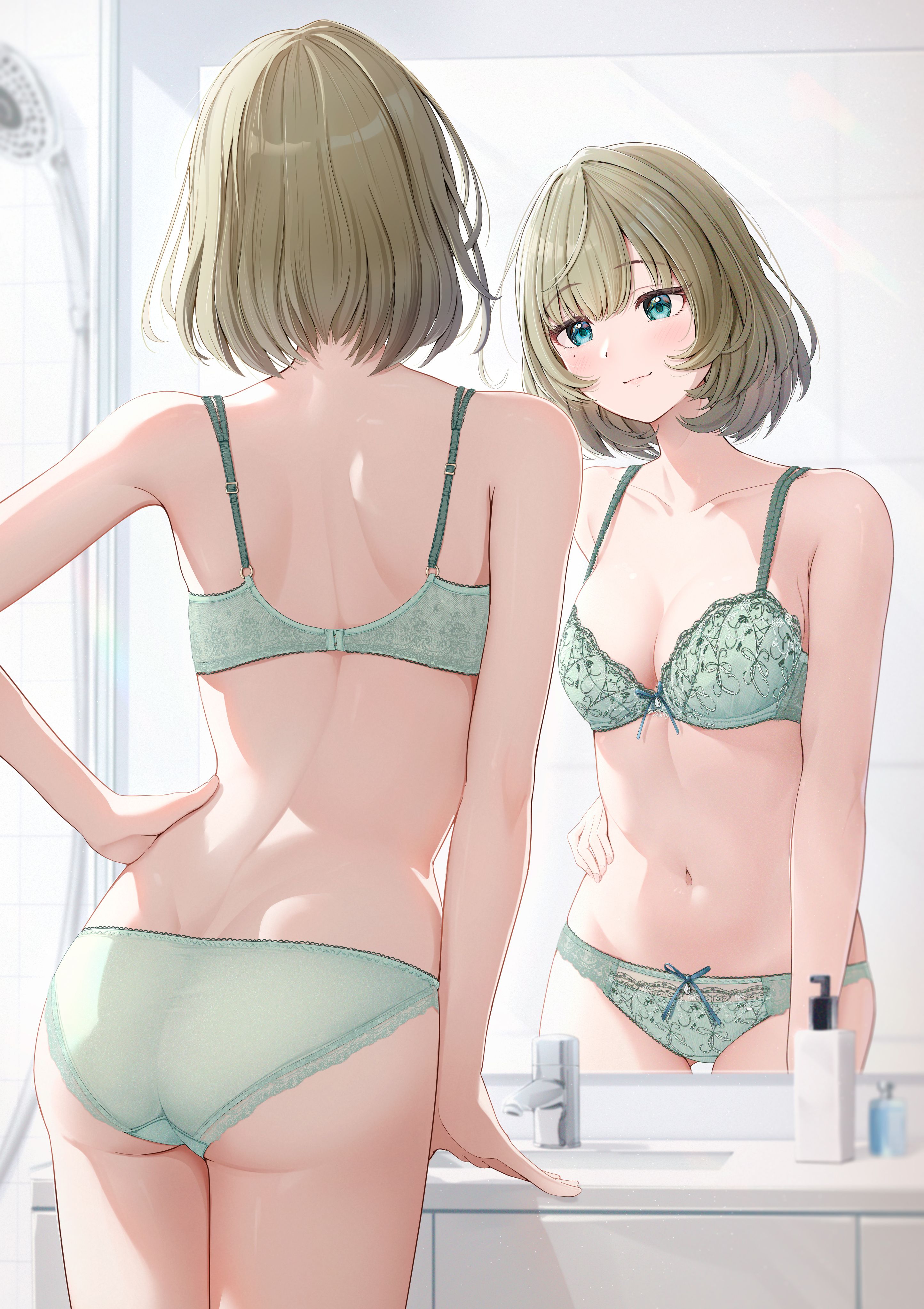 1girls, absurdres, ass, blue ribbon, blush, bow, bow bra, bow panties, bra, breasts, cleavage, collarbone, commentary request, commission, crotch seam, dimples of venus, female, fujinomiya rio, green bra, green hair, green panties, hand on own hip, highres, idolmaster, idolmaster cinderella girls, indoors, light smile, lingerie, median furrow, medium breasts, mirror, mole, mole under eye, navel, panties, picot trim panties, reflection, revision, ribbon, ribbon trim, ribbon-trimmed bra, ribbon-trimmed panties, short hair, shoulder blades, shower head, sink, skeb commission, stomach, takagaki kaede, underwear, underwear only
