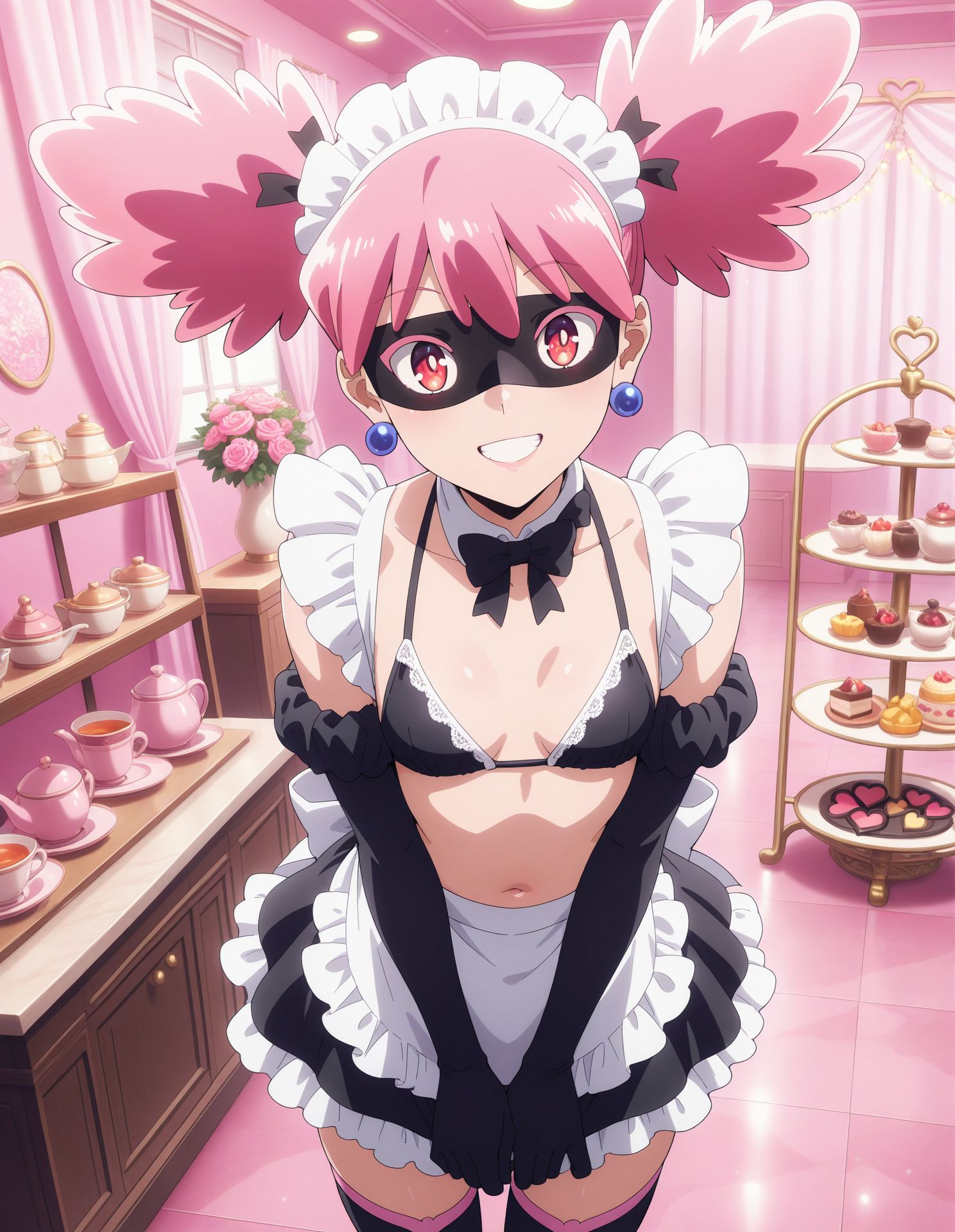 1girls, ai generated, boku no hero academia, female, female only, haneyama kazuho, hero outfit, hkdpickles, light skin, light-skinned female, looking back, lying, lying on stomach, maid headdress, maid outfit, maid uniform, mask, my hero academia, nude, nude female, pale skin, pale-skinned female, pink hair, pop step, presenting, presenting hindquarters, thick thighs, thighs, twintails, vigilante: my hero academia illegals, wide hips, wide thighs