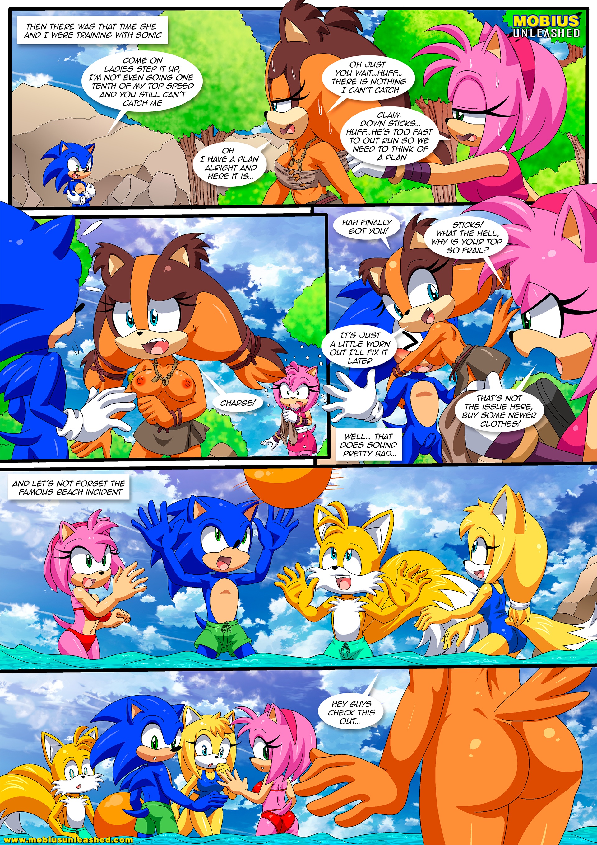 2boys, 3girls, amy rose, anthro, ass, balls, bbmbbf, blush, breasts, comic, dialogue, female, male, male/female, miles prower, miles tails prower, mobian (species), mobius unleashed, nipples, nude, palcomix, penis, releasing your inner wild side (comic), sega, sonic (series), sonic boom, sonic the hedgehog, sonic the hedgehog (series), speech bubble, sticks the badger, tails, tails the fox, zooey the fox