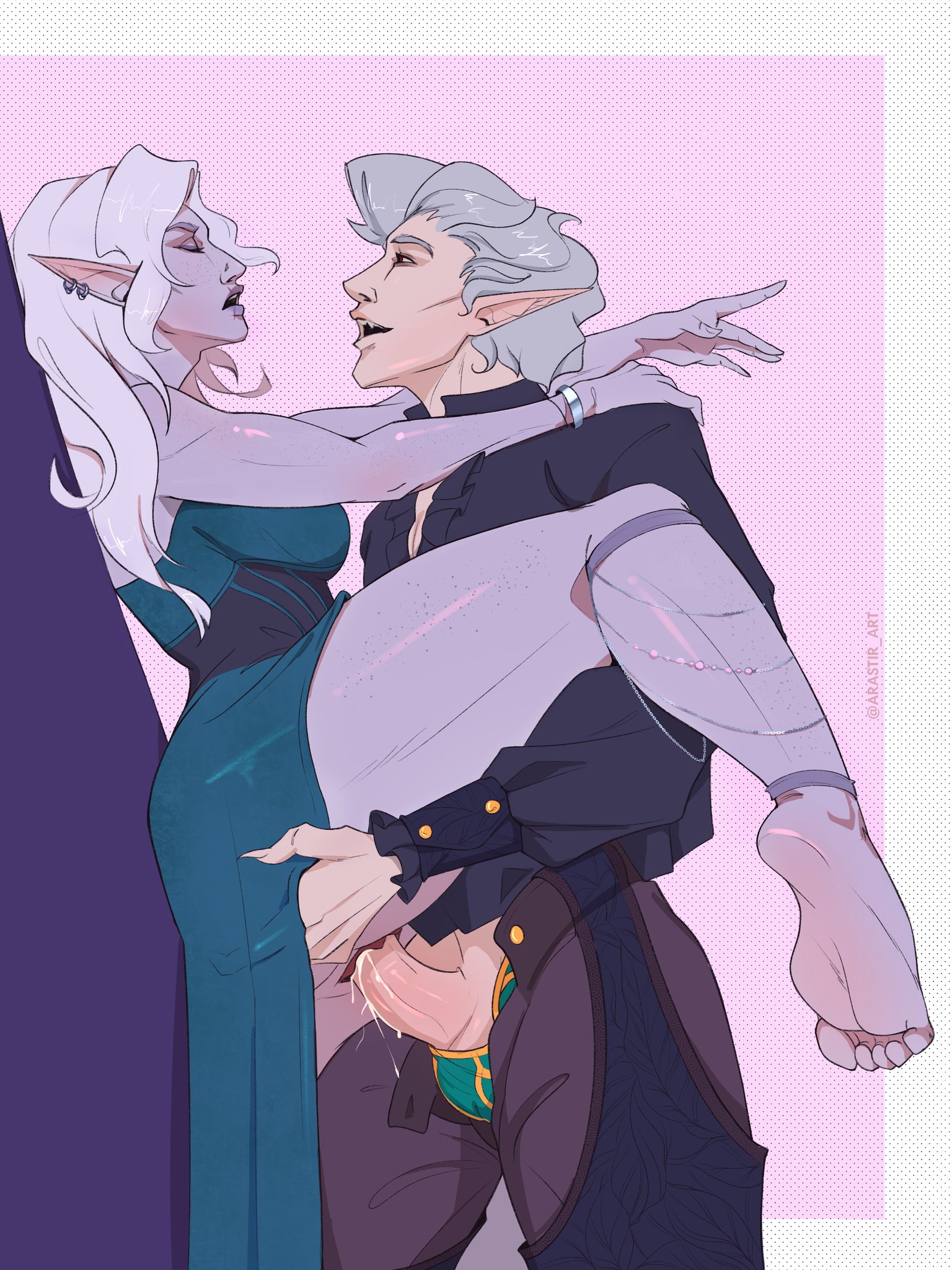 1boy, 1girls, arastir art, arm on shoulder, astarion, baldur's gate, baldur's gate 3, barefoot, closed eyes, clothed sex, cum, cum in pussy, cum inside, dark elf, dress, drow, dungeons and dragons, earrings, elf, elf ears, female, forgotten realms, hand on shoulder, leg up, looking pleasured, male, male penetrating female, moaning, moaning in pleasure, pleasure face, pussy, scar, scar on face, sex, smile, standing on one leg, straight, tav (baldur's gate), tav (baldur's gate) (female), vaginal, vaginal penetration, vaginal sex