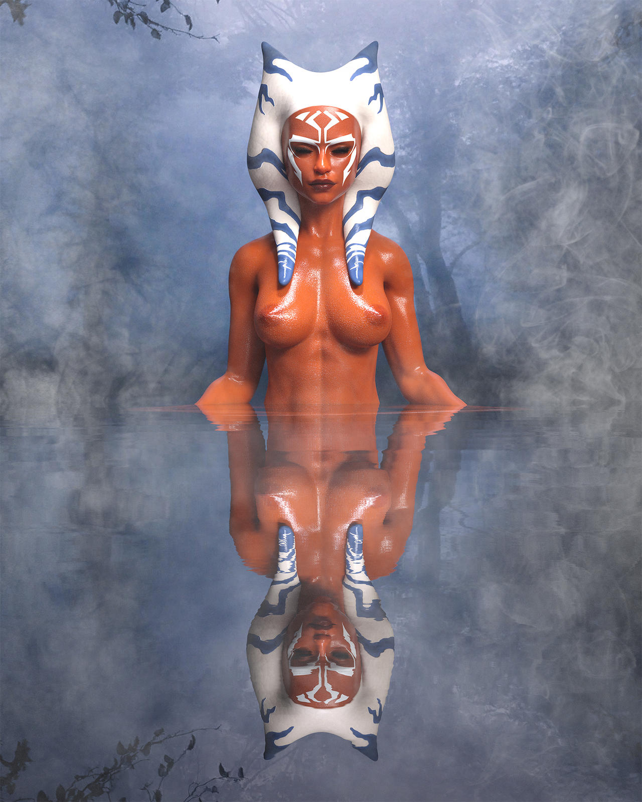 1girls 3d ahsoka_tano closed_eyes deltaboxx female jedi large_breasts meditation orange_skin reflection sitting sitting_in_water star_wars togruta