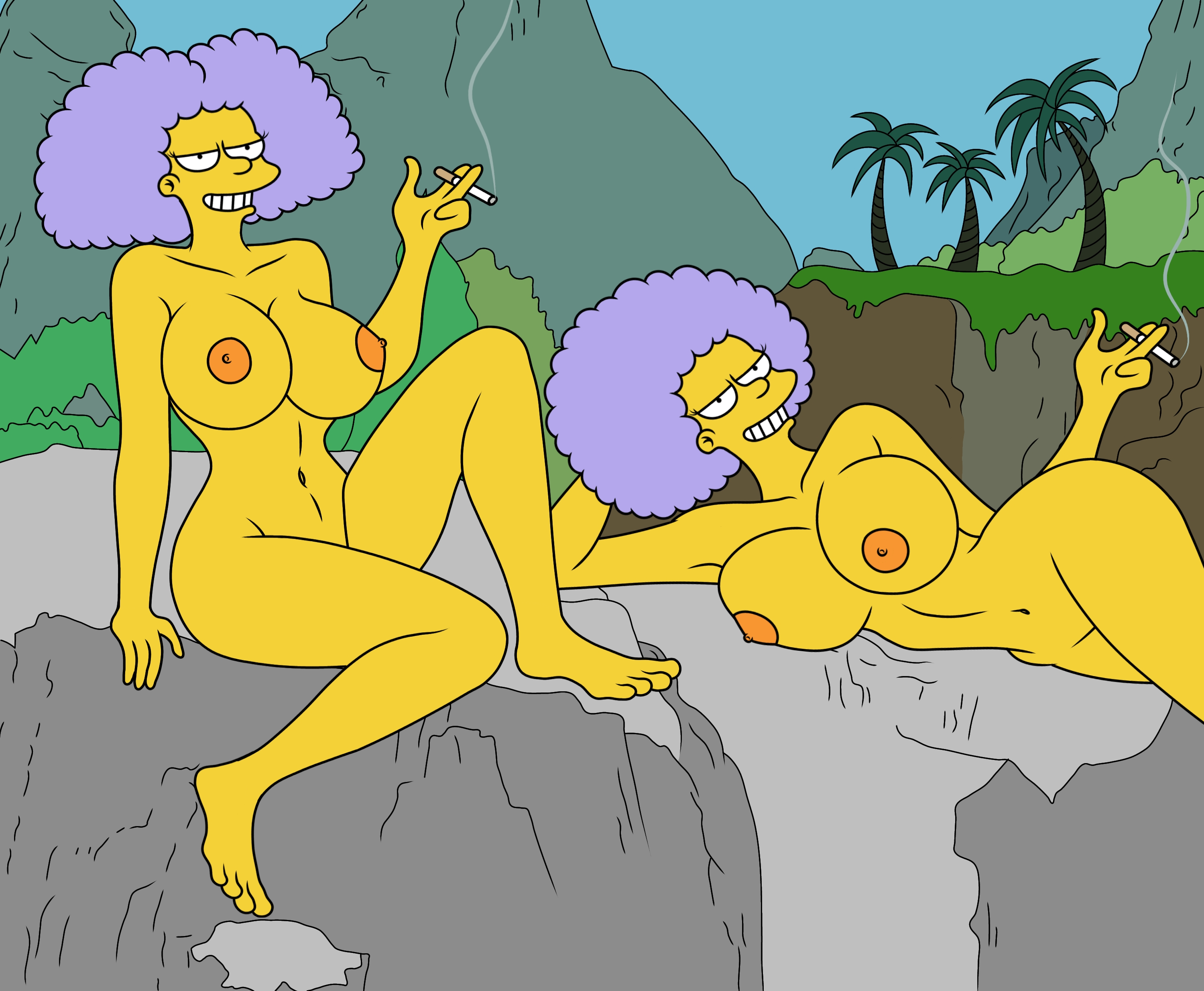 2girls, beach, beach background, breasts, cigarette, croc (artist), female, nude, nude female, patty bouvier, selma bouvier, sexy, sexy body, sexy female, sexy pose, siren, smoking, the simpsons, tits, twins, voluptuous, voluptuous female, yellow body, yellow skin