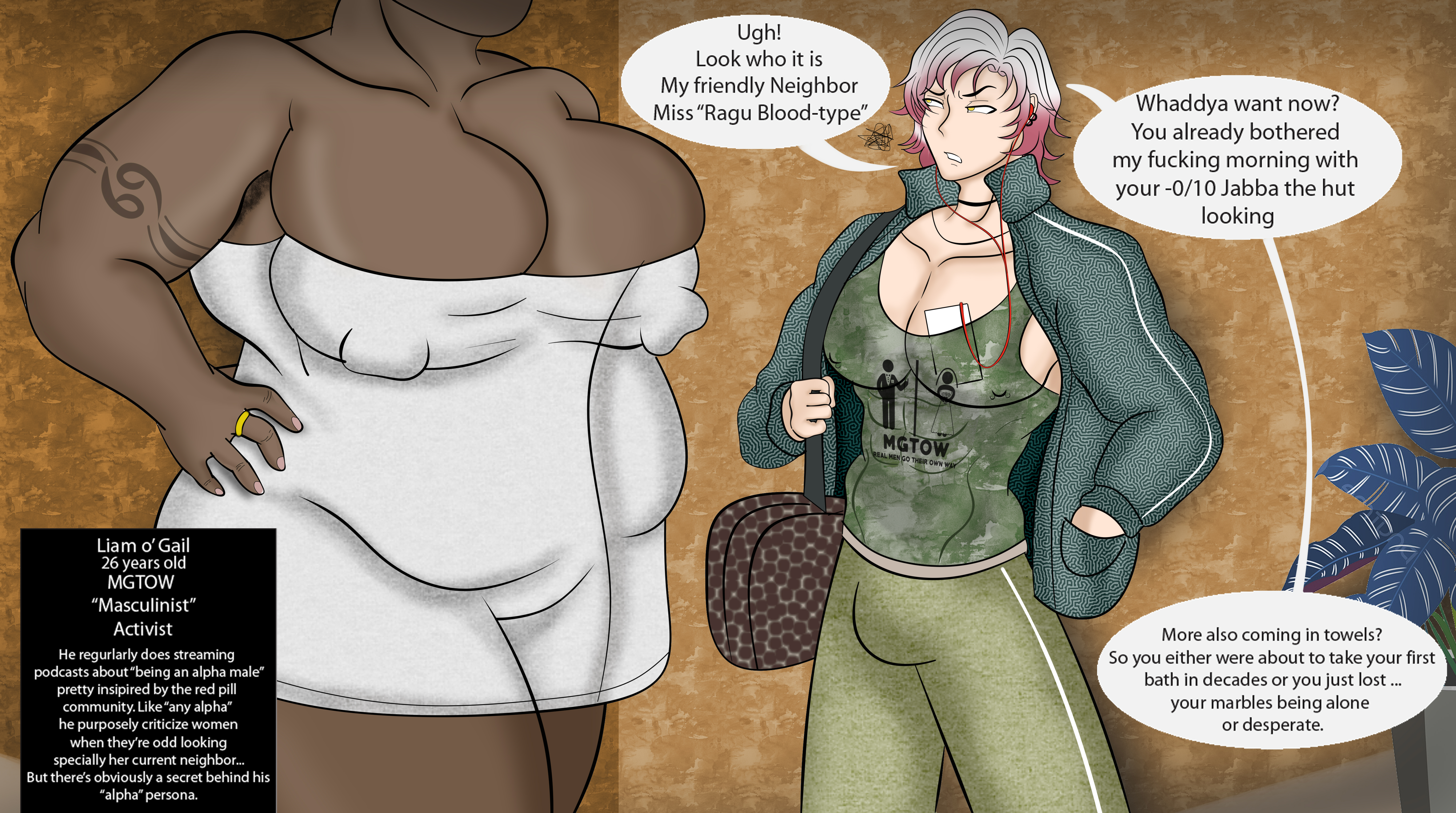 1boy, age difference, apoliac-99, bbw, bratty, breasts, chubby female, dark skin, dark-skinned female, faceless female, female, femblacked, femdom, gilf, hairy armpit, height difference, interracial, large breasts, light-skinned male, male, male focus, muscular, muscular male, original character, tattoo, towel