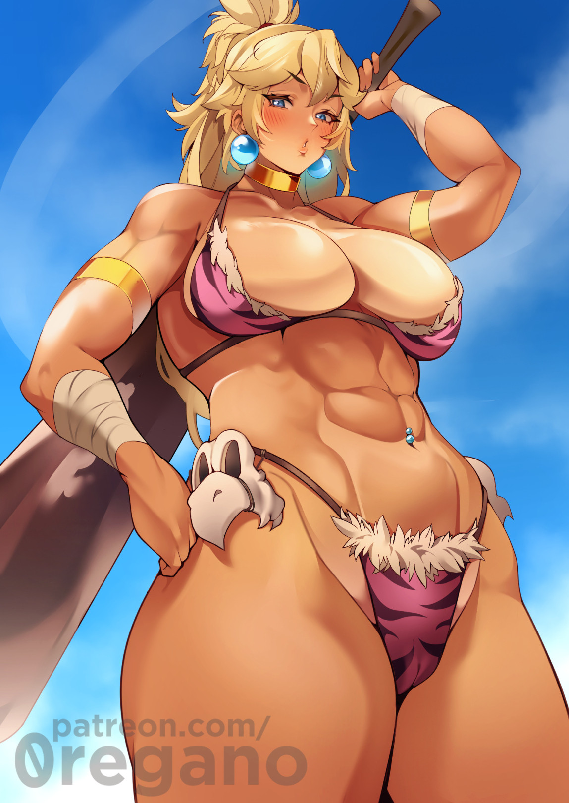 blukohi, breasts, cavegirl, cavewoman, female, feral, mario (series), muscular, muscular female, muscular thighs, ooga booga, prehistoric, primitive, princess peach, tarzan, tribal, underboob, unga bunga, unga unga, wild