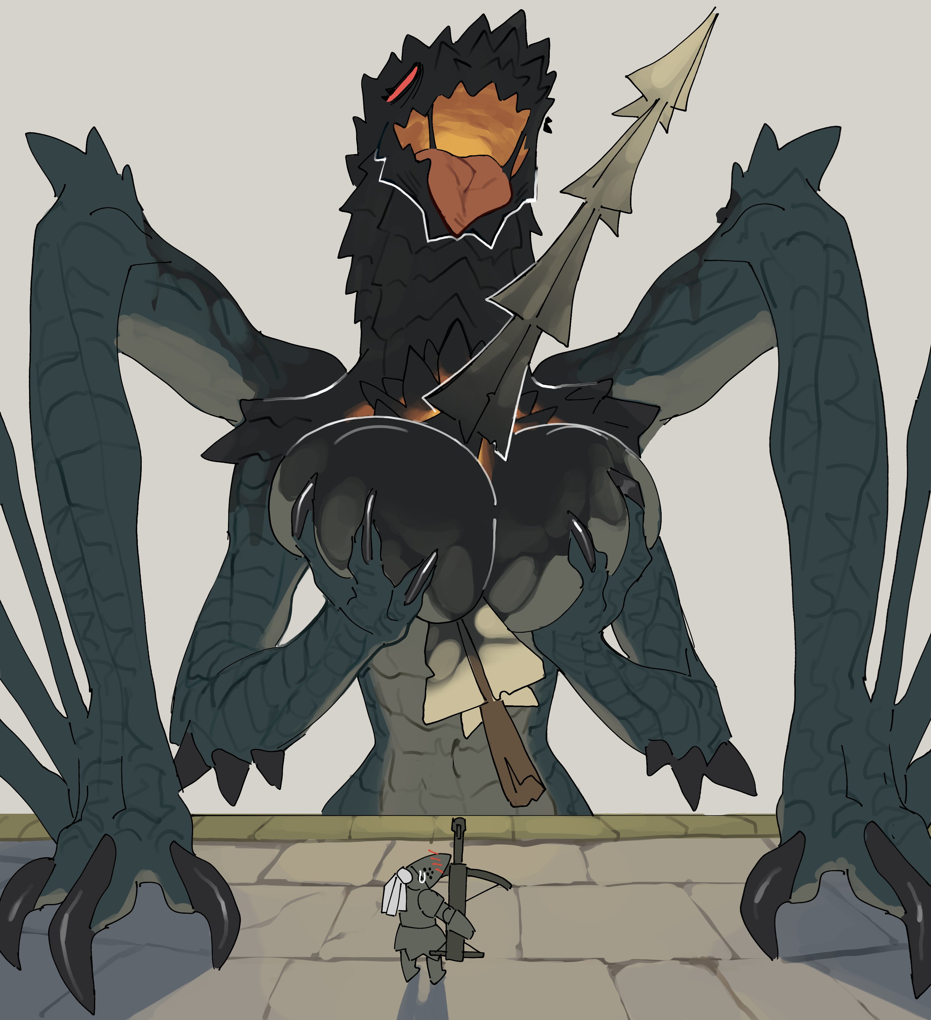 absurd res, ambiguous gender, anthro, armor, aroused, big breasts, blush, breast grab, breast play, breasts, capcom, claws, curvy figure, dragon, duo, elder dragon, female, gogmazios, hand on breast, hi res, human, humanoid, mammal, monster hunter, mythological creature, mythological scalie, mythology, nude, open mouth, scales, scalie, simple background, tongue, tongue out, wings, yolabayola1