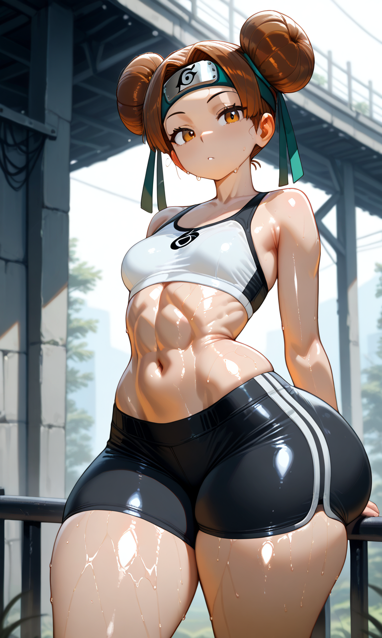 ai_generated bottom_heavy brown_hair double_bun gym_shorts hair_bun headband huge_ass naruto small_breasts sports_bra tenten thick thick_thighs