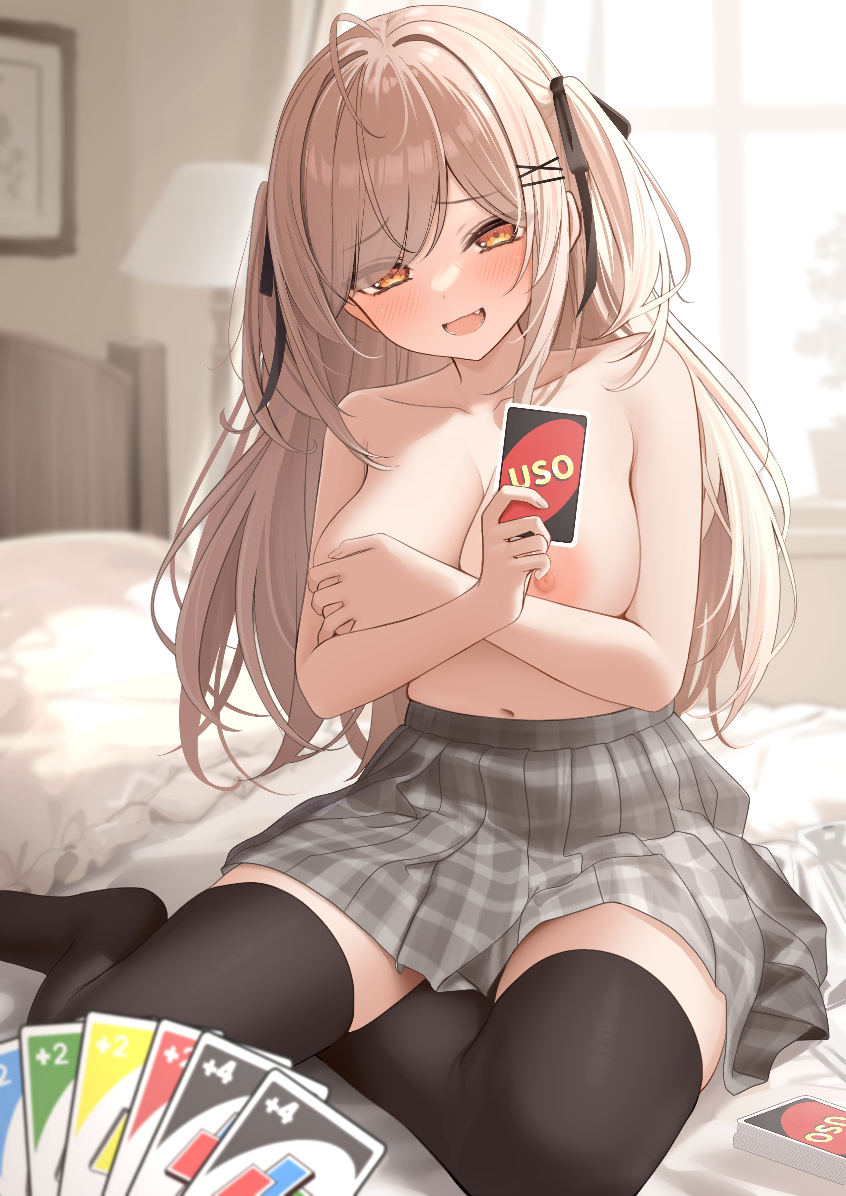 1girls, amber eyes, bare shoulders, black ribbon, black thighhighs, blush, breast hold, breasts, brown eyes, brown hair, card, cleavage, commentary request, eyes visible through hair, female, grey skirt, hair ornament, hair ribbon, hairclip, highres, holding, holding card, imouto-chan (monaka curl), large breasts, long hair, looking at viewer, monaka curl, navel, nipples, open mouth, original, plaid clothes, plaid skirt, ribbon, sitting, skirt, smile, solo, thighhighs, thighs, two side up, uno