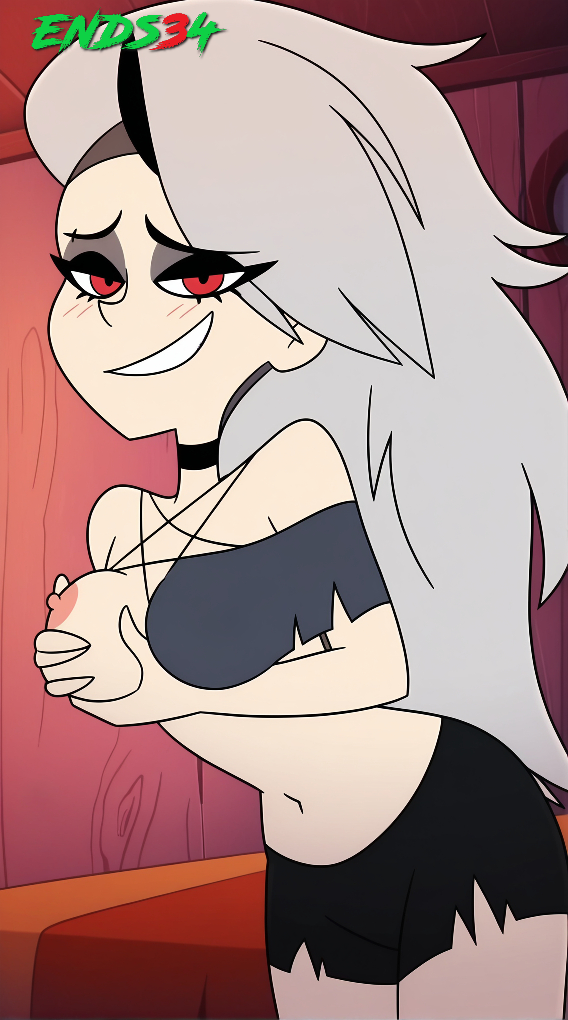 ai generated, breasts, crop top, ends34, female, female only, goth girl, grabbing own breast, helluva boss, human loona, loona (helluva boss), medium breasts, red eyes, short shorts, shorts