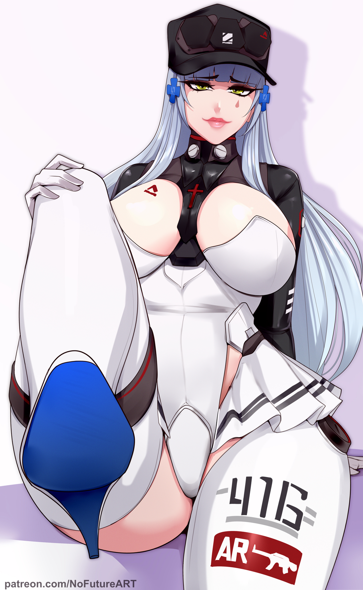 1girls, bent leg, big breasts, breasts, female, female only, girls' frontline, girls' frontline 2: exilium, green eyes, headwear, heels, hi res, high heel boots, hk416 (girls' frontline), klukai (girls' frontline 2), klukai (speed star) (girls' frontline 2), long hair, looking at viewer, nofuture, pink lips, sitting, smiling, smiling at viewer, solo, thick thighs, white hair