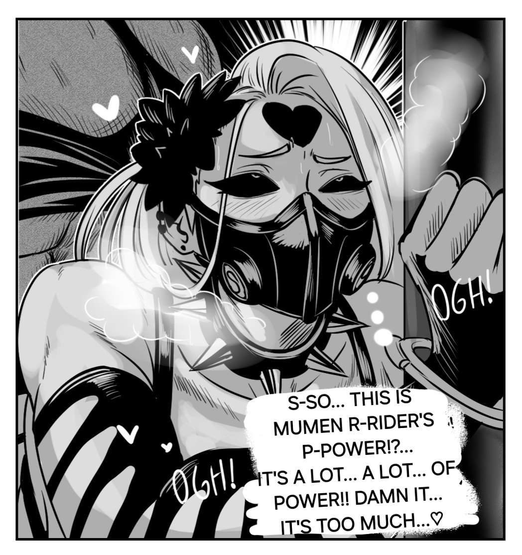 1boy, 1girls, abs, ambiguous penetration, aroused, athletic, athletic female, bent over, big breasts, black and white, black sclera, blonde hair, breasts, captured, captured villainess, chained wrists, clothed sex, cuffs, defeated, defeated villainess, dominatrix, excited, facemask, female, femsub, fit, fit female, fucked into submission, fucked silly, gas mask, heart symbol, human, human male, kaijin hime do-s, large breasts, light skin, light-skinned female, long hair, looking pleasured, male, maledom, mature female, moaning, monochrome, mumen rider, muscular, muscular female, muscular male, one-punch man, pleasure rape, rape, restrained, restraints, sex, sex from behind, slim waist, source request, spanish text, standing sex, struggling, supervillainess, thrusting, translated, villainess, vlizz