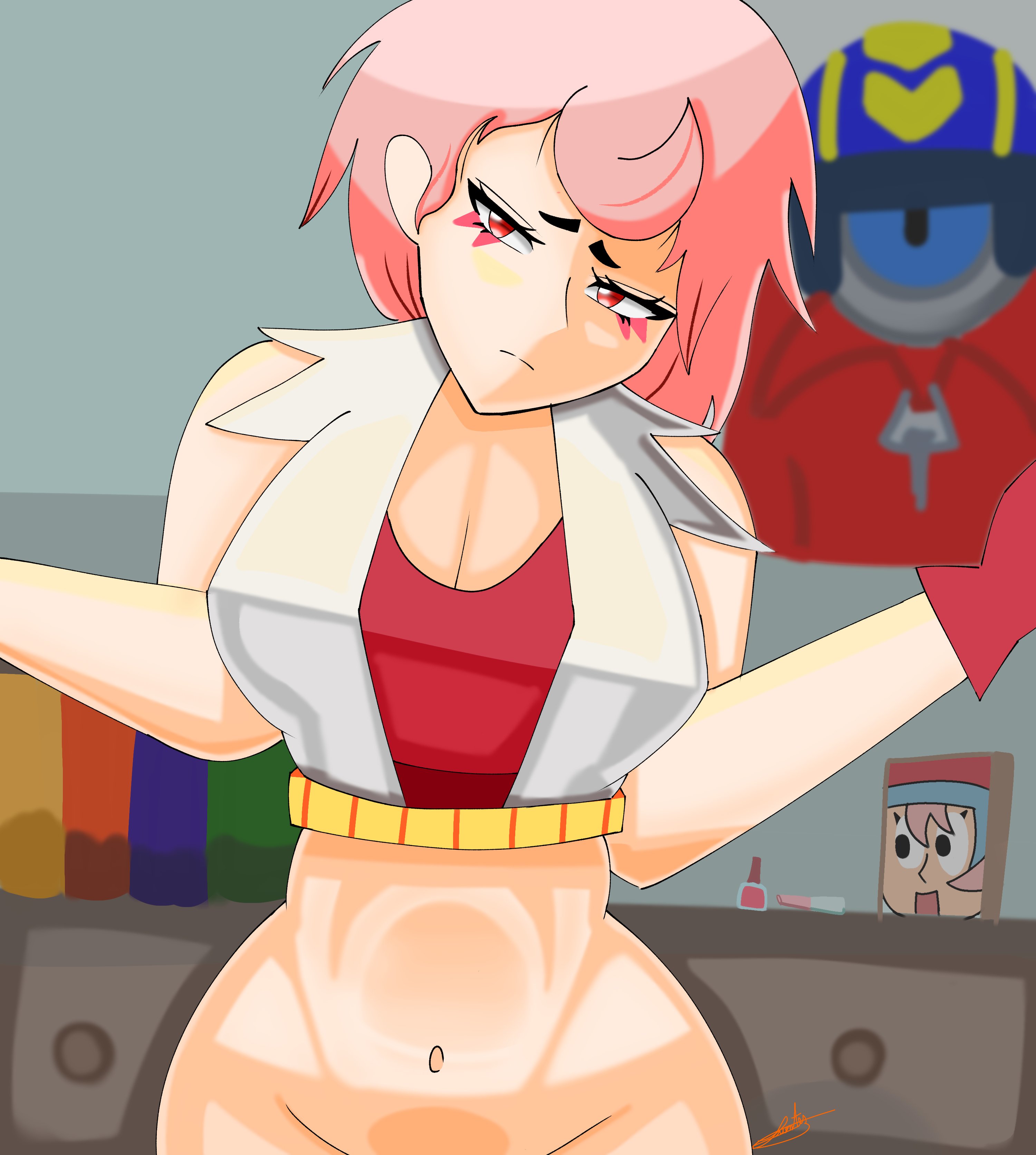 bonnie (brawl stars), brawl stars, female, janet (brawl stars), no panties, pants, pink hair, robot, stu (brawl stars), supercell, tagme, tagme (artist)