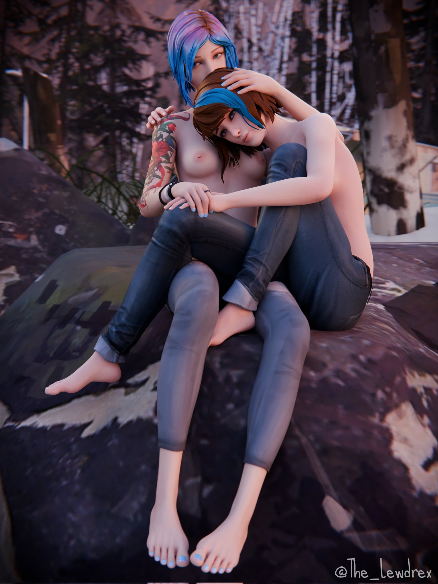 2025, 2girls, 3d, 3d (artwork), areola, areolae, barefoot, blender, blue hair, bottomwear, breasts, brown hair, chloe price, detailed background, female, female focus, female only, half naked, half-dressed, hi res, highres, jeans, lewdrex, life is strange, light skin, light-skinned female, max caulfield, medium breasts, nipples, pants, pose, posing, presenting, presenting breasts, small breasts, tattoo, tattooed arm, tattoos, teenage girl, teenager, topless, topless jeans, two-tone hair, watermark