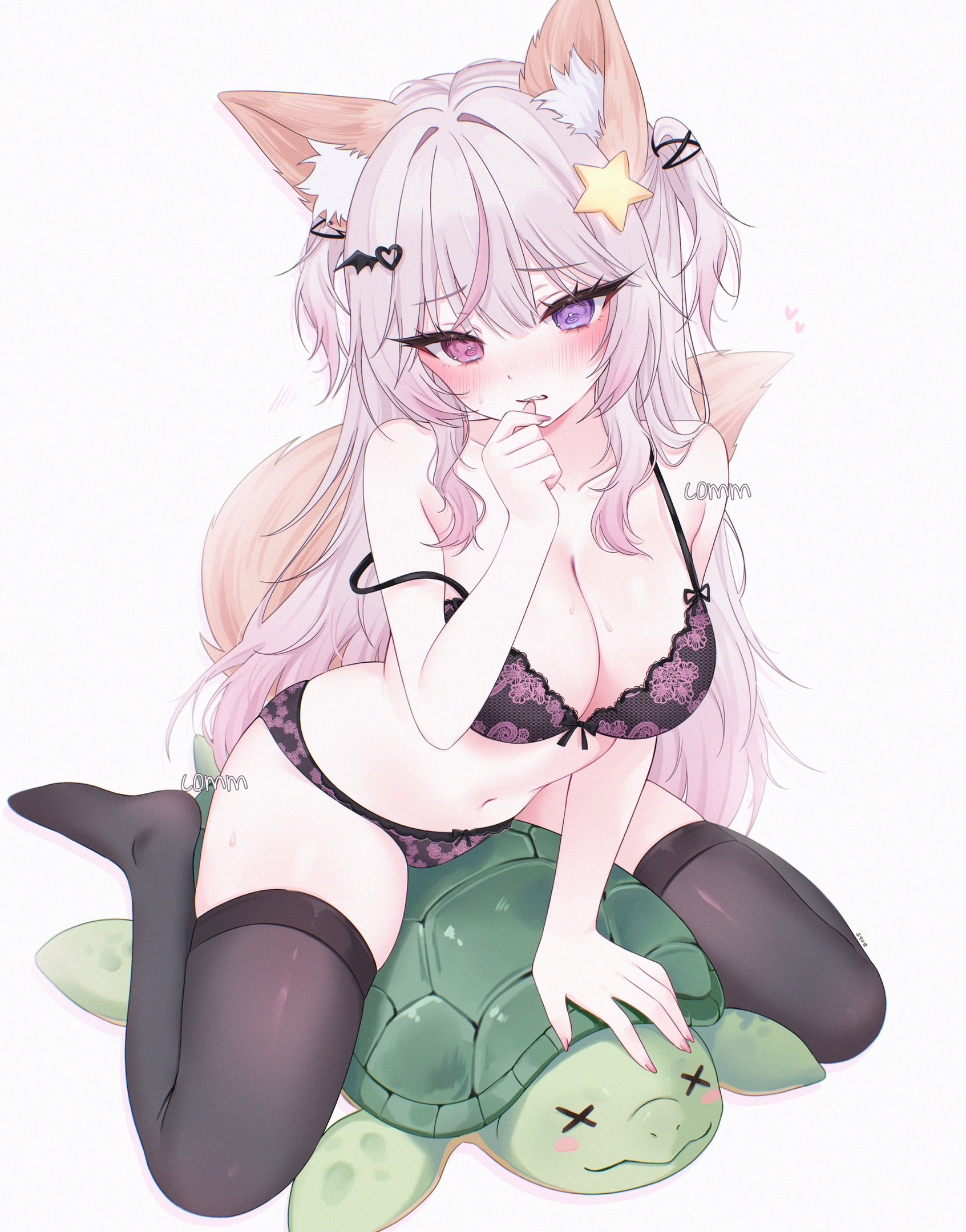 1girls, accessory, annytf, big breasts, breasts, cleavage, female, heterochromia, horny, indie virtual youtuber, large breasts, lingerie, long hair, neko ears, pink eyes, purple eyes, stockings, strapless, tail, thick thighs, thighhighs, thighs, turtle, underwear, vedal987, virtual youtuber, vtuber, white background, white hair, zxcsque