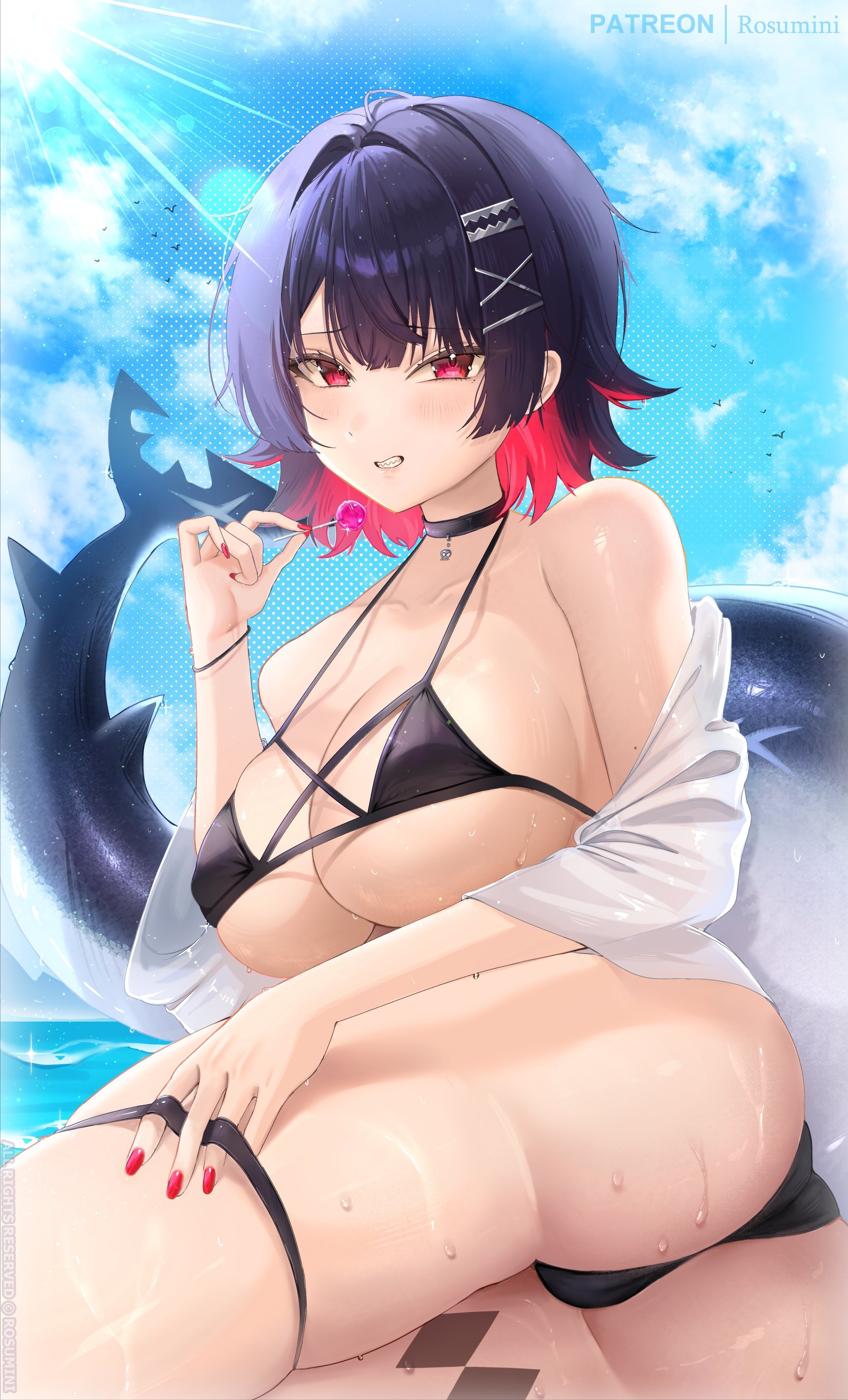 1girls, bikini, breasts, candy, ellen joe, female, food, holding food, huge ass, large breasts, lollipop, lying on side, red nails, rosumini, sharp teeth, trefoil, victoria housekeeping, watermark, zenless zone zero