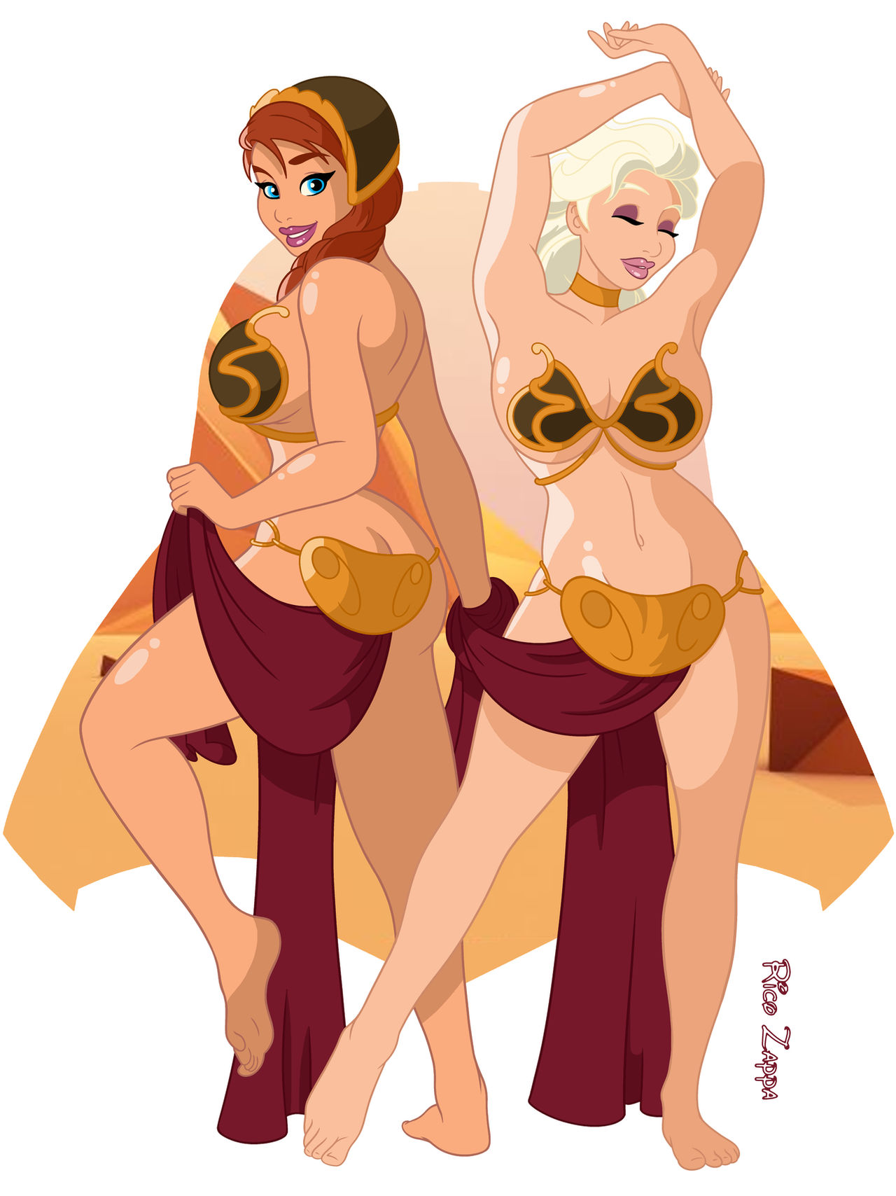 2girls, anna (frozen), ass, auburn hair, belly dancer, belly dancer outfit, blue eyes, braided hair, breasts, cleavage, closed eyes, clothing, cosplay, crossover, elsa (frozen), enslaved royal, female, female only, femsub, frozen (film), harem, harem girl, harem outfit, large breasts, loincloth, long hair, looking at viewer, platinum blonde hair, revealing clothes, ricozappa, royalty, signature, sisters, skimpy clothes, slave, slave bikini, slave collar, slave girl, slave leia (cosplay), slave outfit, star wars, submissive female, text