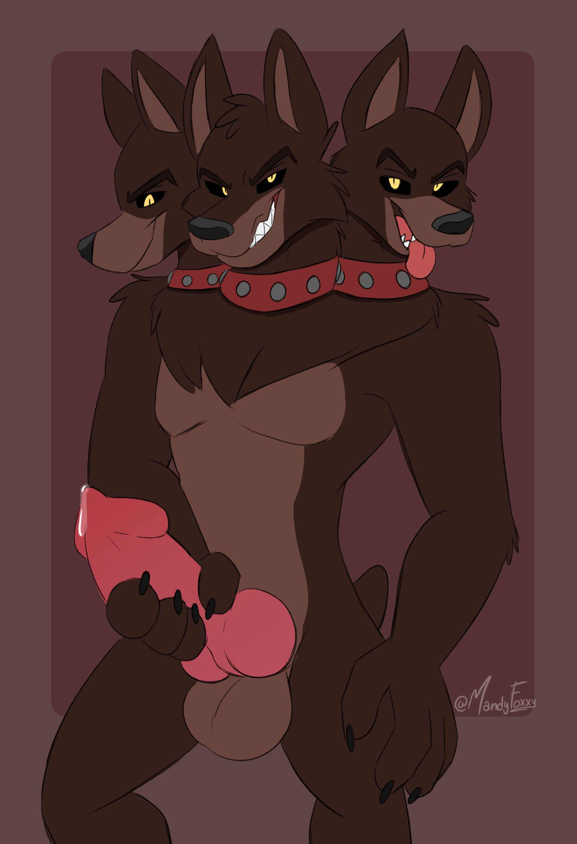 black sclera, brown fur, canine, cerberus, collar, furry, gay, gay male, homosexual, homosexual male, jerking, knot, leaking precum, mandyfoxy, masturbation, multiple heads, precum, smirking, solo male, tagme, tongue, tongue out, yellow eyes