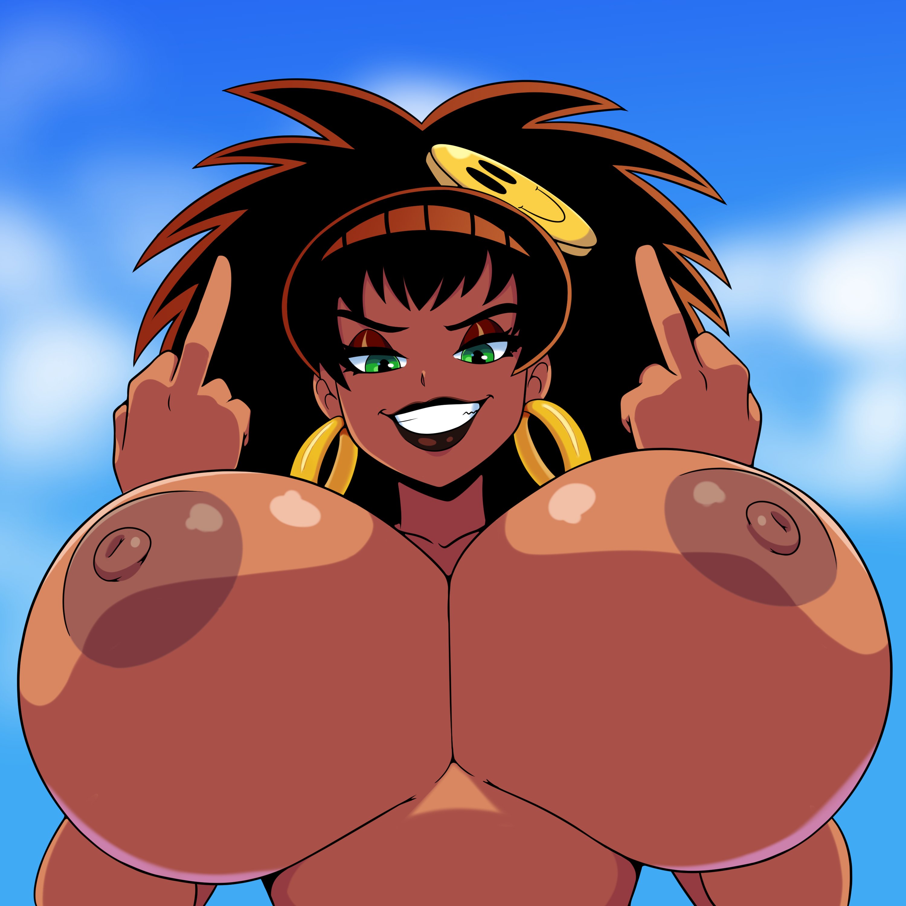 1girls, big breasts, black lips, body bags, breasts, brown hair, dark breasts, double middle finger, female, green eyes, grin, hoop earrings, huge breasts, iggy-bomb, looking at viewer, middle finger, panda delgado, simple background, smiley face, solo, topless