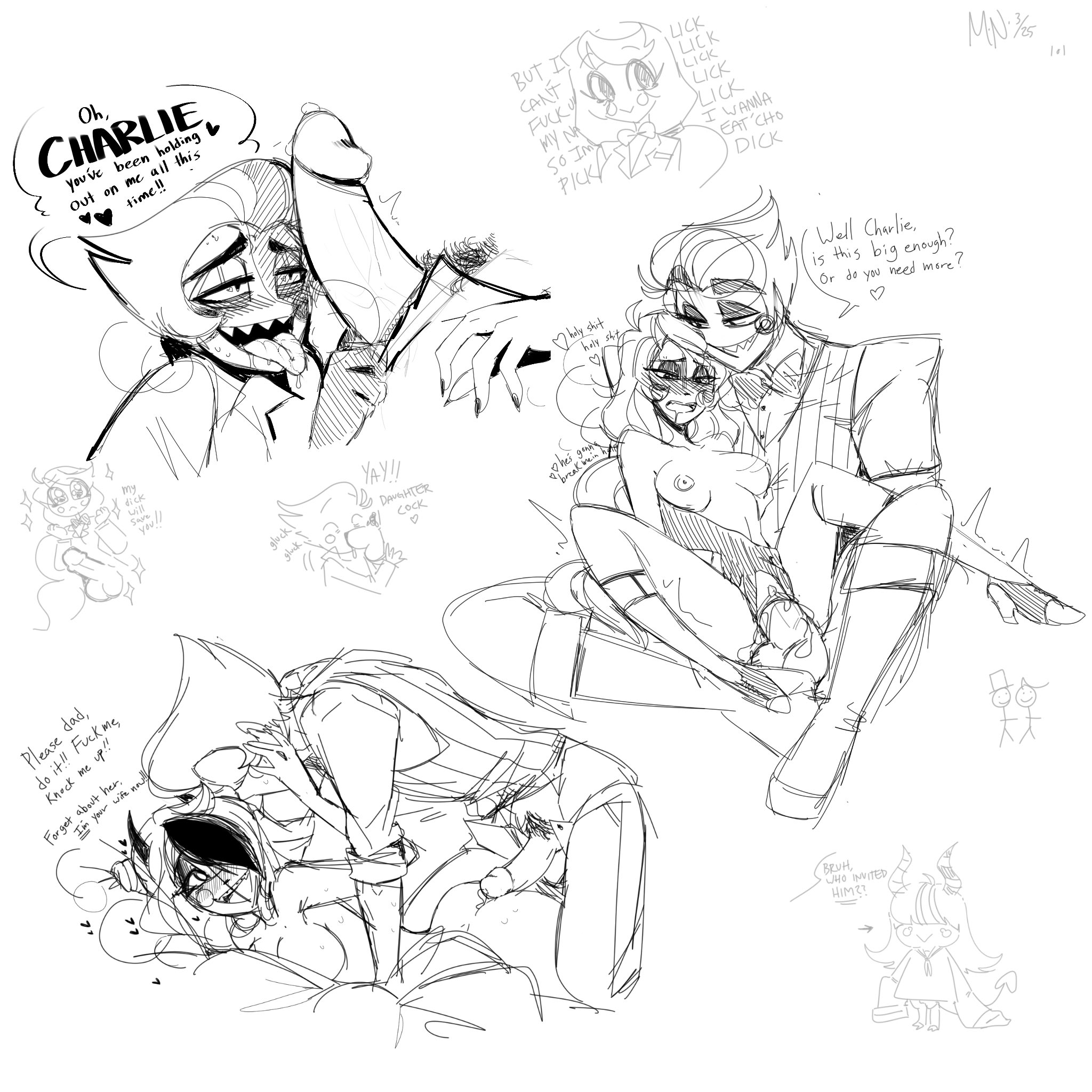 1boy, 1girls, age difference, ass, blush, charlie morningstar (hazbin hotel), daughter, father, father and daughter, female, female pubic hair, hazbin hotel, impregnation request, incest, lucifer morningstar (hazbin hotel), male, male pubic hair, mister nebulous, monochrome, oral, pubic hair, pussy, spread legs, straight, vagina, vaginal penetration, vaginal sex
