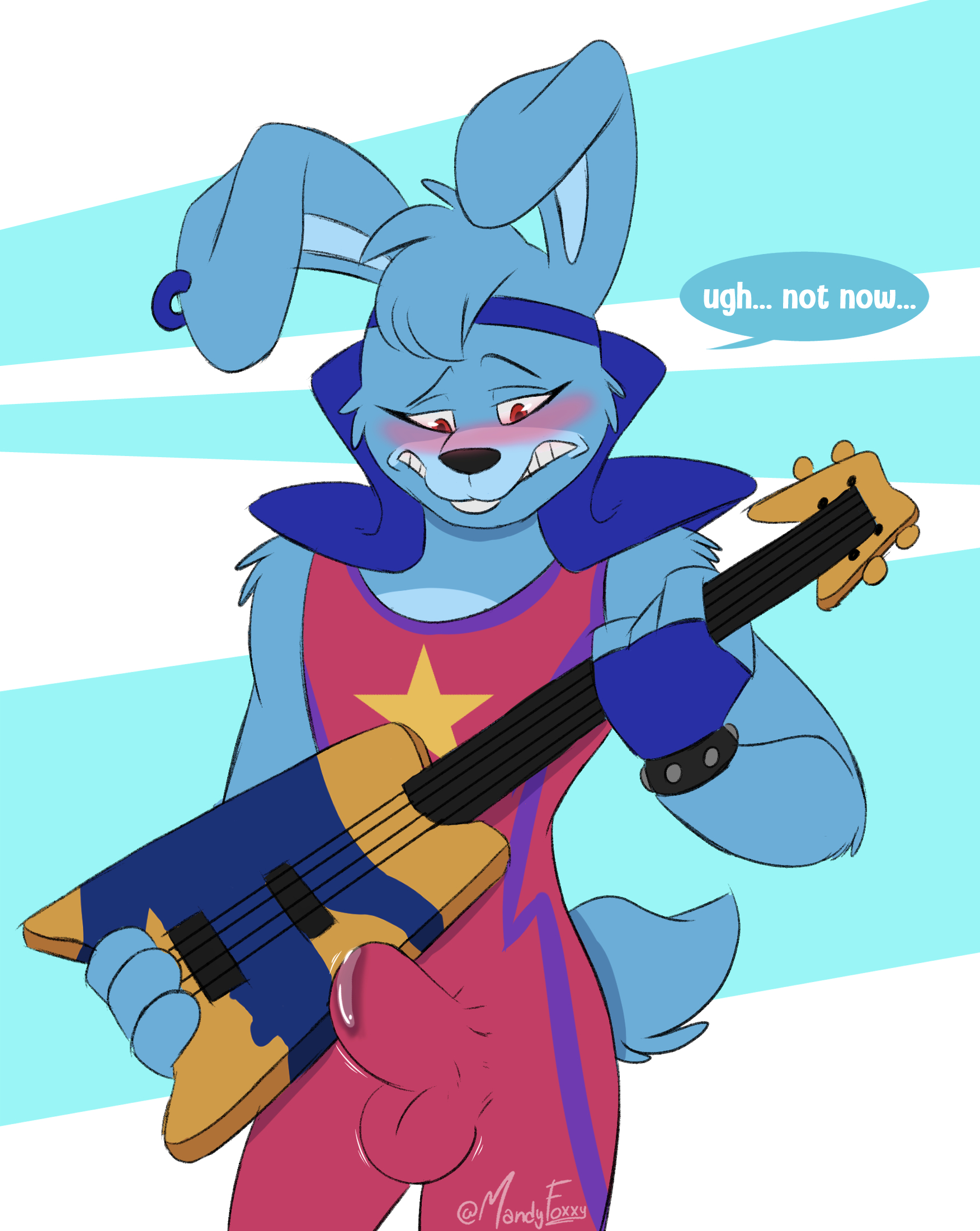 erection under clothes, five nights at freddy's, glamrock bonnie (fnaf), male only, mandyfoxy, precum, precum through clothing, solo, tagme, unwanted erection