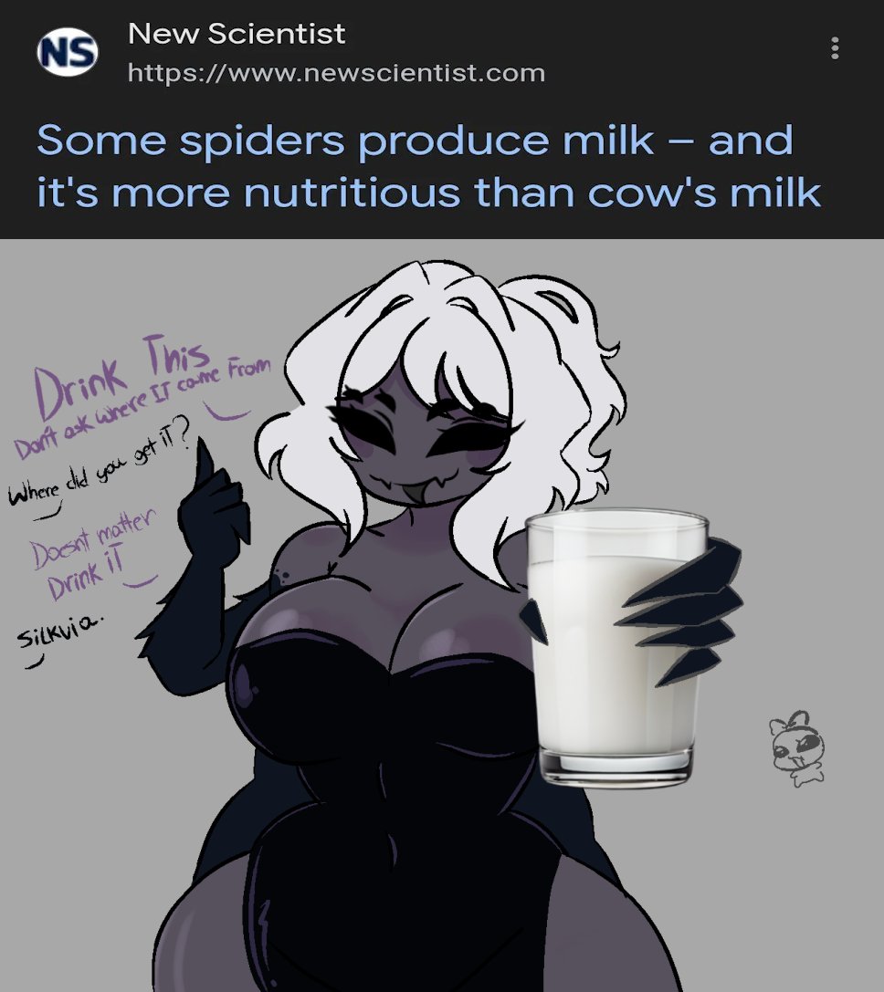 1girls, cup of milk, dark skin, dark-skinned female, english text, female, female focus, female only, milk, news headline, silkvia, solo, solo female, solo focus, spider, spider girl, text, white hair, white-haired female, zamzipperart