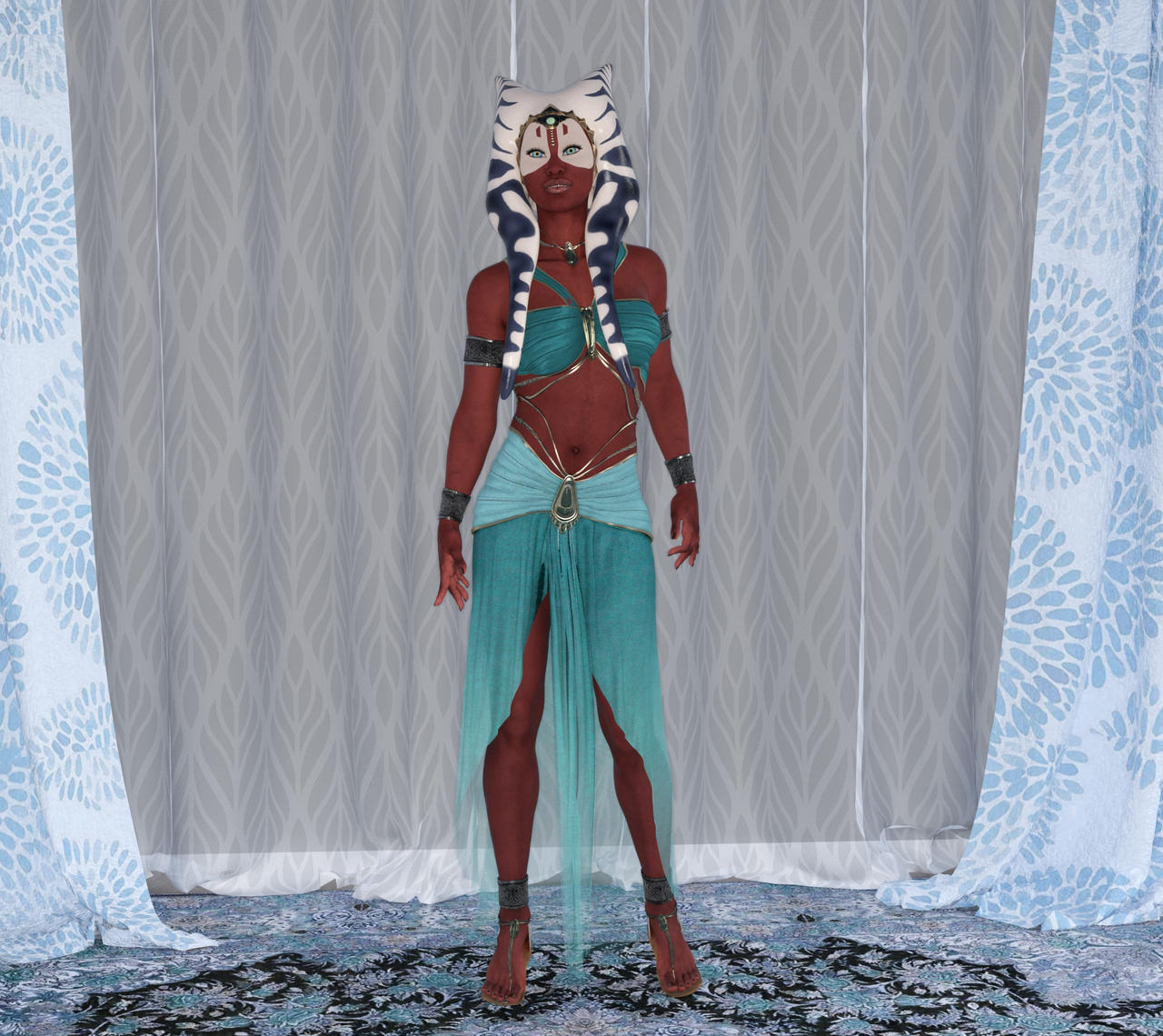 1girls 3d anklet belly_dancer belly_dancer_outfit blue_eyes female harem_girl harem_outfit jedi looking_at_viewer red_skin shaak_ti skirt slave sparky000 star_wars
