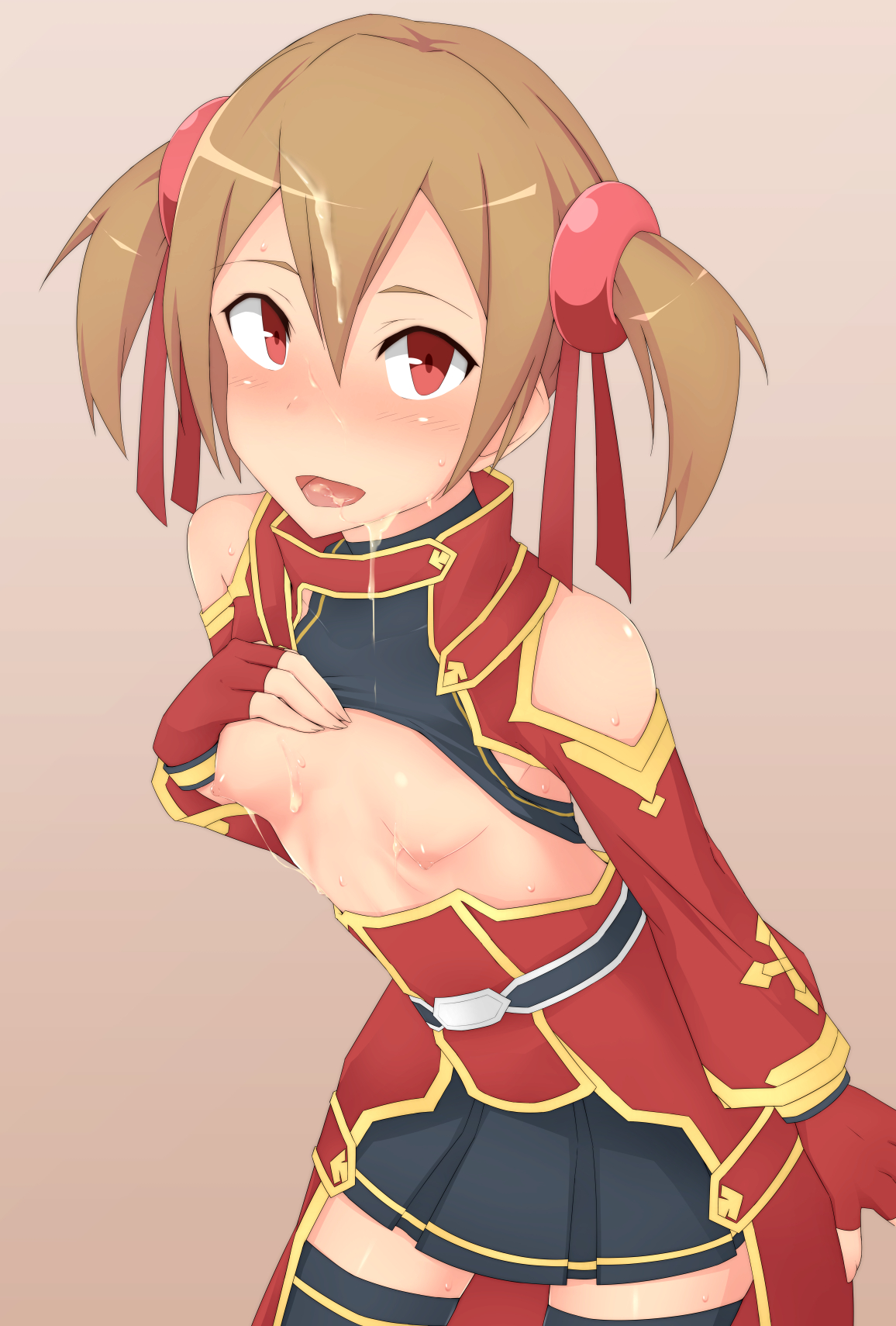 1girls, ayano keiko, blush, breasts, brown hair, cum, cum in mouth, cum on breasts, cum on face, cum on hair, cum on tongue, exposed breasts, female, hair between eyes, hair ornament, hair ribbon, hand on breast, hand on own breast, hi res, looking at viewer, mingaru, pleated skirt, red hair, short hair, short twintails, silica, small breasts, solo, solo female, solo focus, sweat, sword art online, thighhighs, twintails, zettai ryouiki