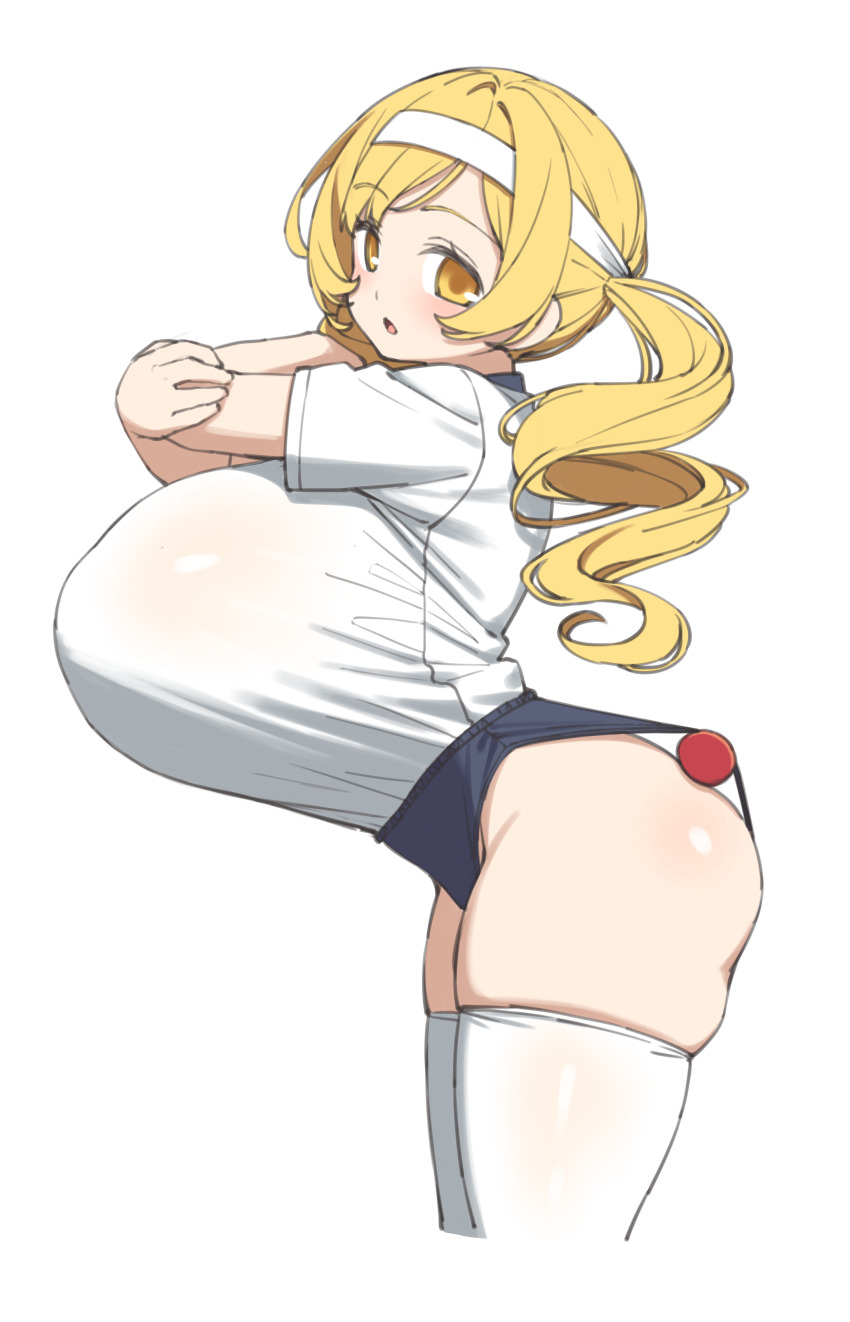1girls, ass, athletic wear, big ass, big breasts, big butt, blonde hair, breasts, breasts bigger than head, buruma, drill hair, elomil, female, from side, gym bottomwear, gym clothes, gym shirt, gym shorts, gym uniform, headband, huge ass, huge breasts, human, human only, large breasts, long hair, looking at viewer, mahou shoujo madoka magica, not furry, puella magi madoka magica, shortstack, simple background, tagme, thick thighs, thighhighs, thighs, tomoe mami, top heavy, top heavy breasts, yellow eyes