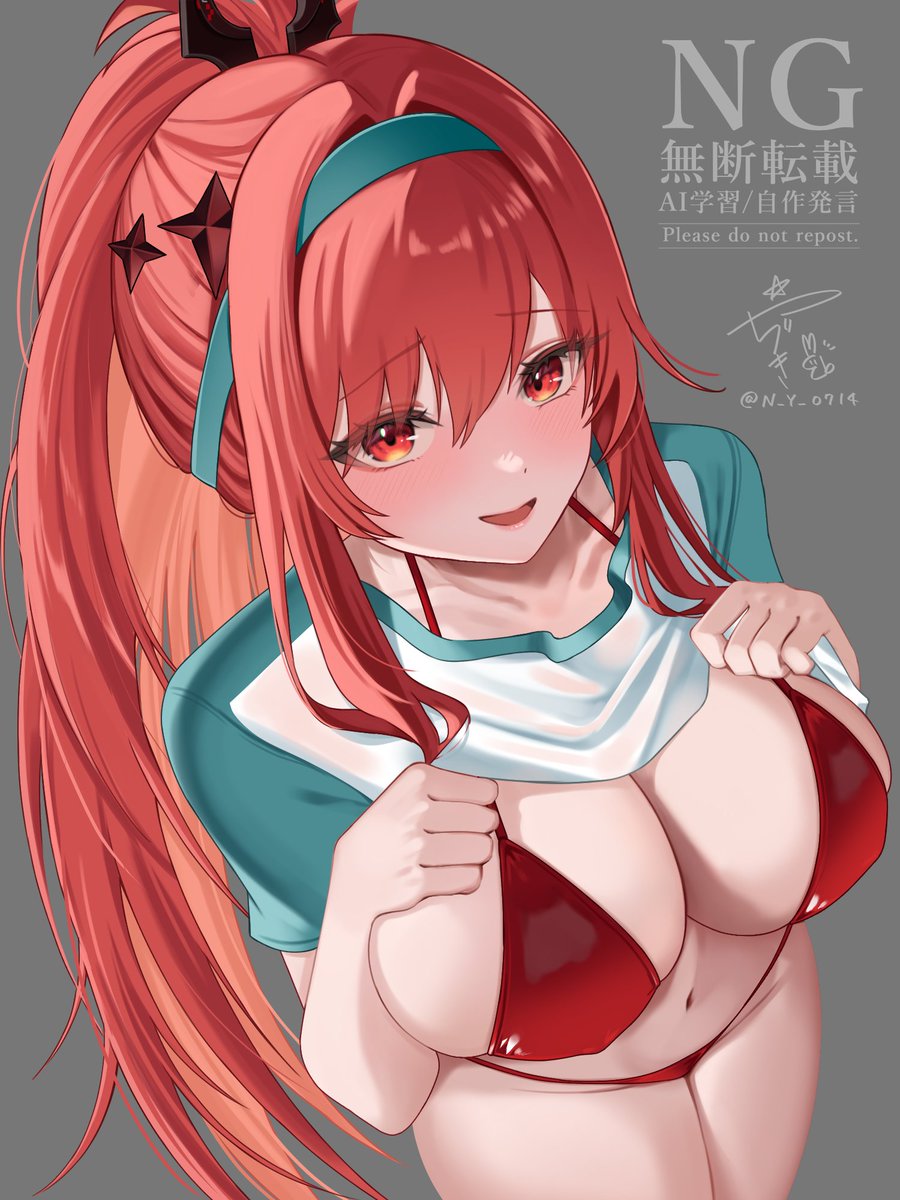 1girls, aqua hairband, bikini, blush, breasts, cleavage, clothes lift, female, first porn of character, first porn of outfit, goddess of victory: nikke, hairband, highres, large breasts, lifting own clothes, long hair, looking at viewer, navel, official alternate costume, open mouth, ponytail, rapi (nikke), rapi (red hood) (nikke), rapi (red hood) (red flavor) (nikke), red bikini, red eyes, red hair, shirt, shirt lift, simple background, smile, solo, stomach, swimsuit, thighs, yazuki (n y 0714)
