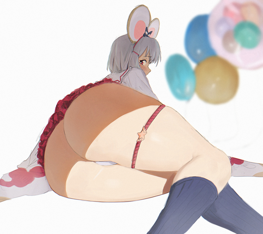 1girls, animal ears, ass, ass focus, balloon, big ass, blush, fake animal ears, female, granblue fantasy, looking at viewer, looking back, medium hair, mouse ears, red eyes, skirt, socks, vikala (granblue fantasy), white hair, yamyamshimete (artist)
